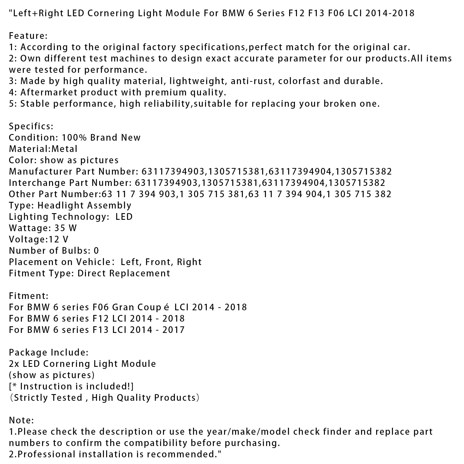 Left+Right LED Cornering Light Module For BMW 6 Series F12 F13 F06 LCI 2014-2018