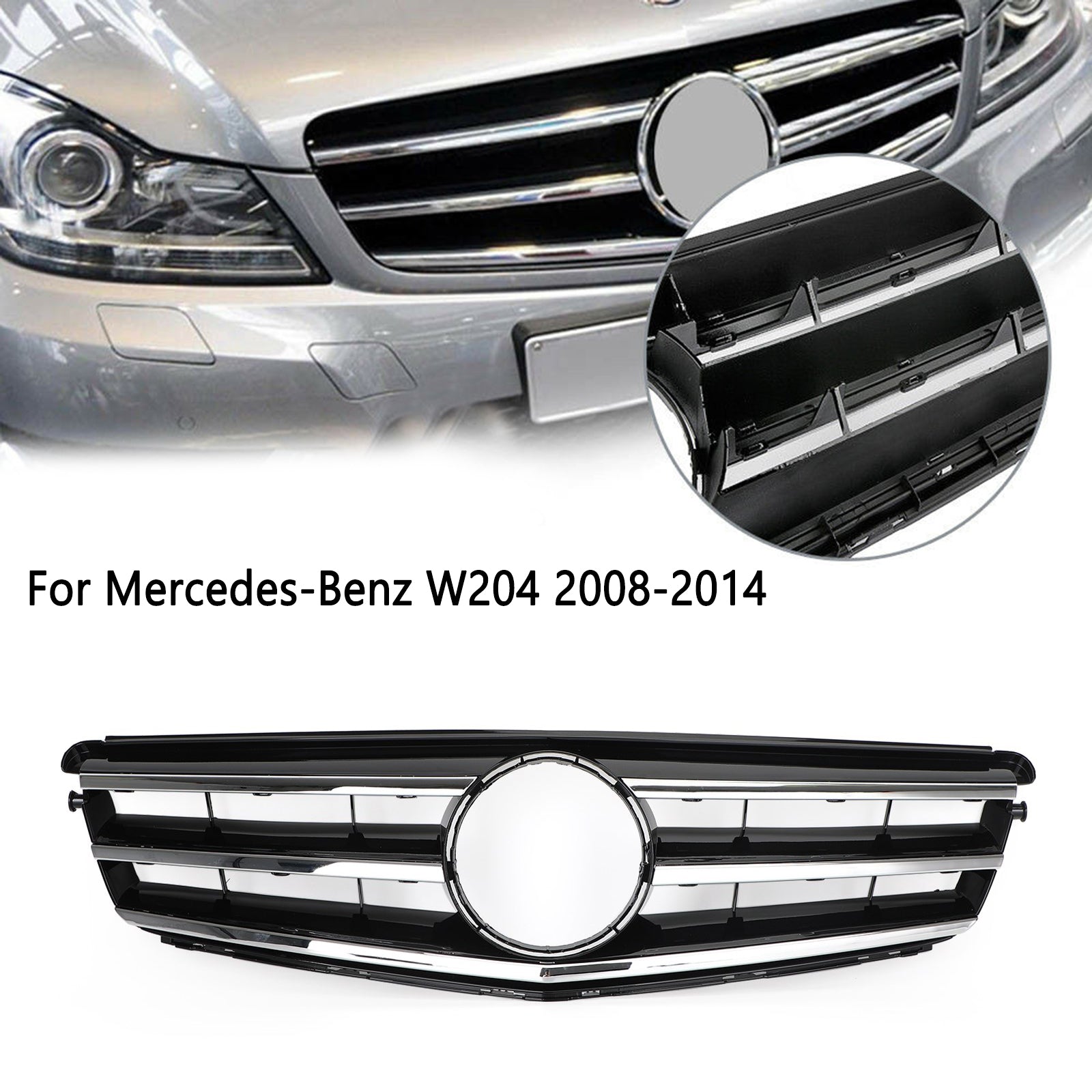 Parrilla delantera cromada negra LED compatible con Benz Clase C W204 C300 C350 2008-2014