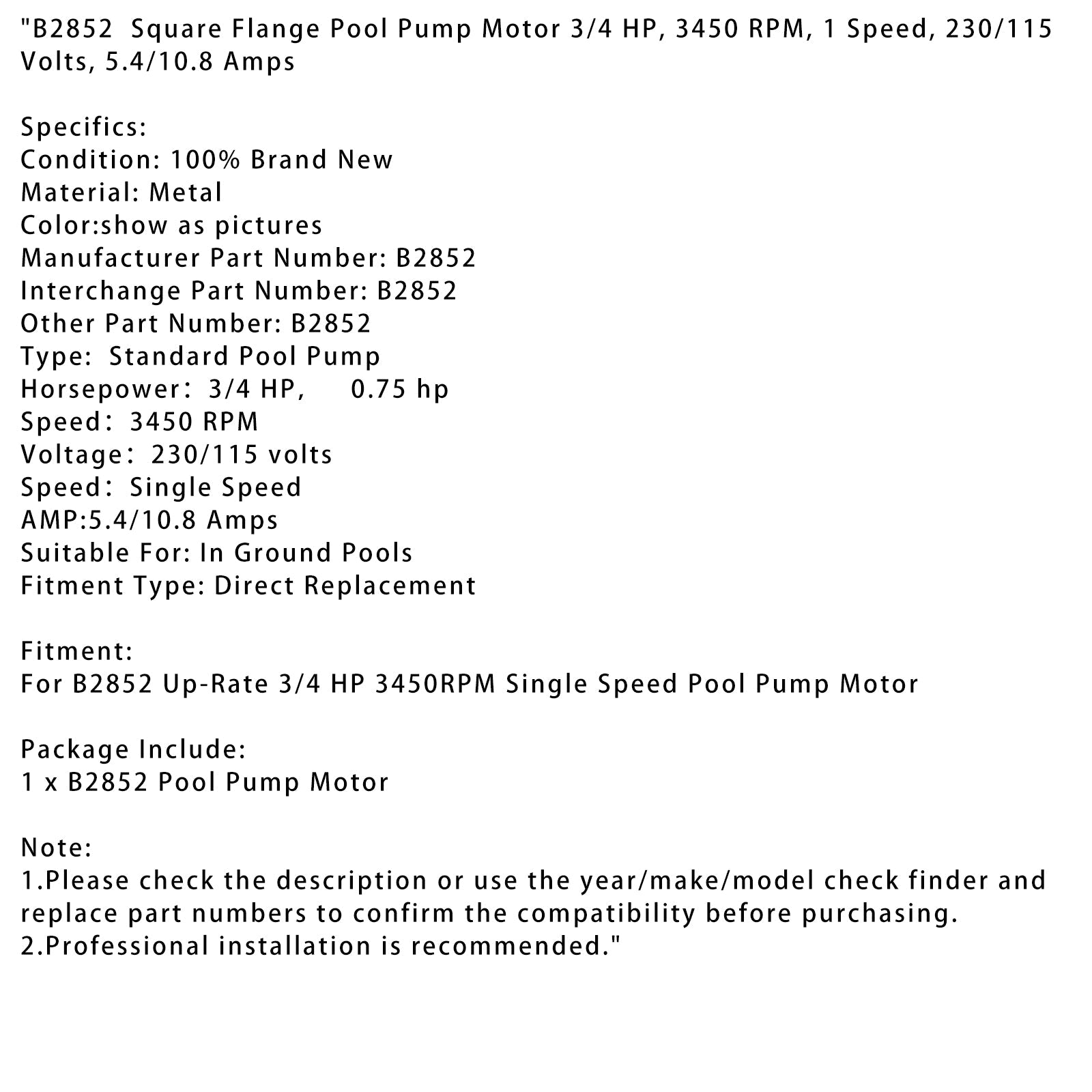 B2852 Square Single Speed Pool Pump Motor 3/4 HP 3450RPM