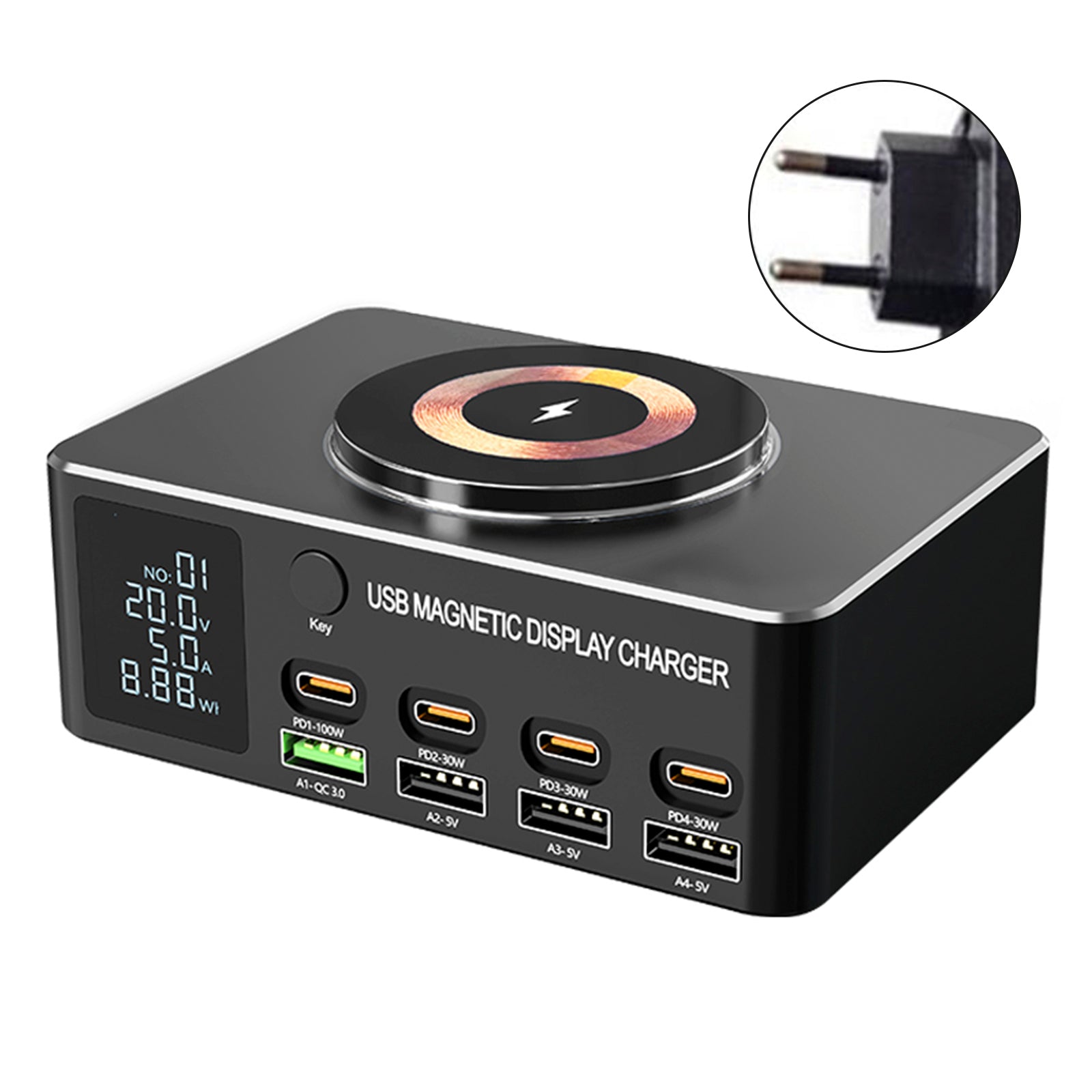 140W Fast Charging Charger Intelligent Digital Display PD100W Mobile Phone Notebook Magnetic Wireless Charging Multi-Port USB Charger EU Plug