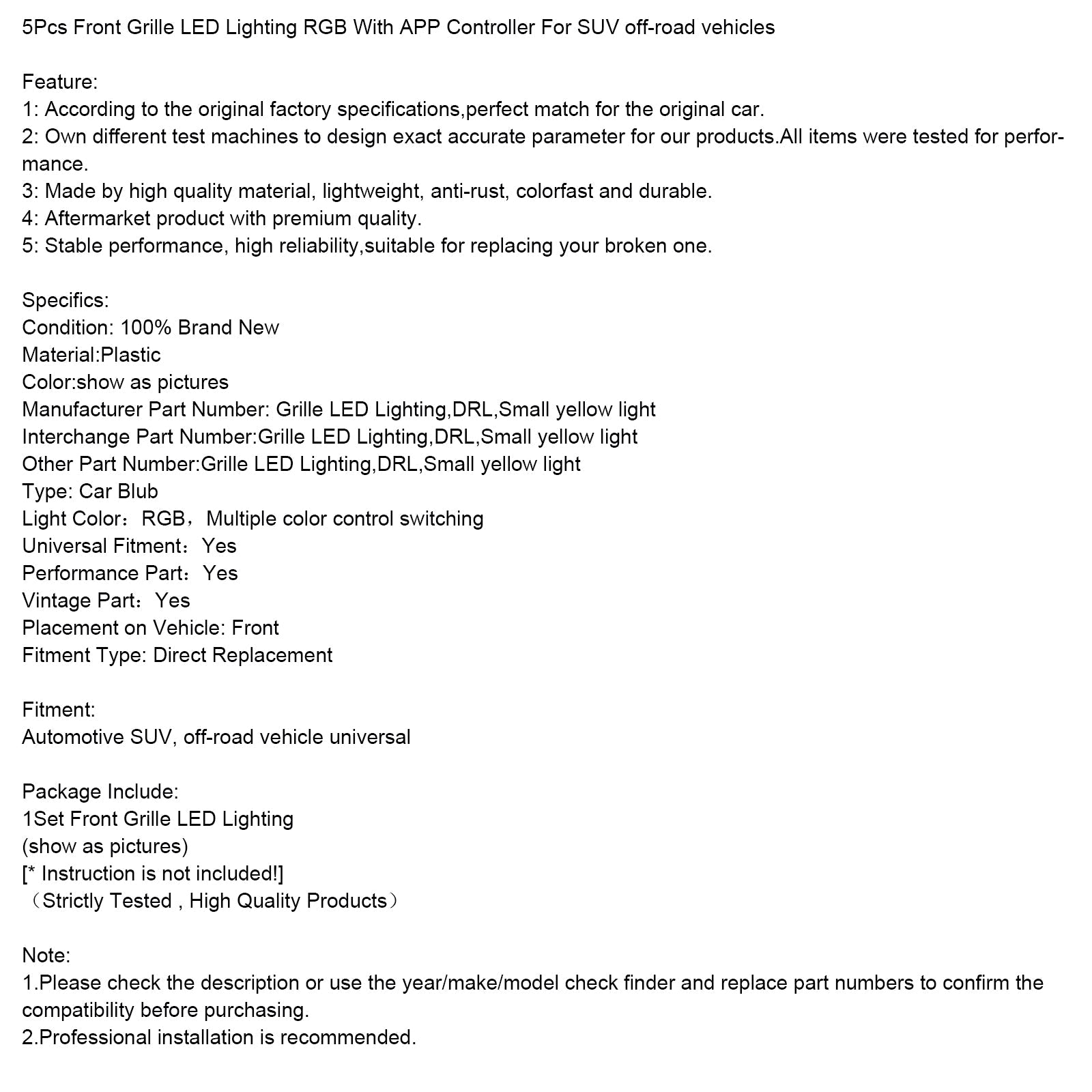 5Pcs Front Grille LED Lighting RGB With APP Controller For SUV off-road vehicles