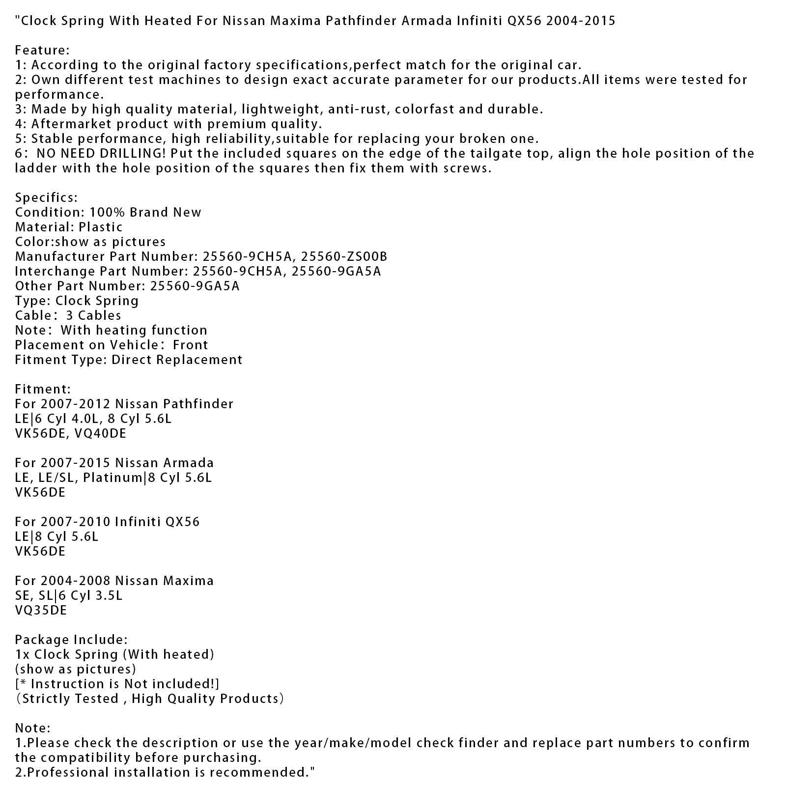 Clock Spring With Heated For Nissan Maxima Pathfinder Armada Infiniti QX56 04-15