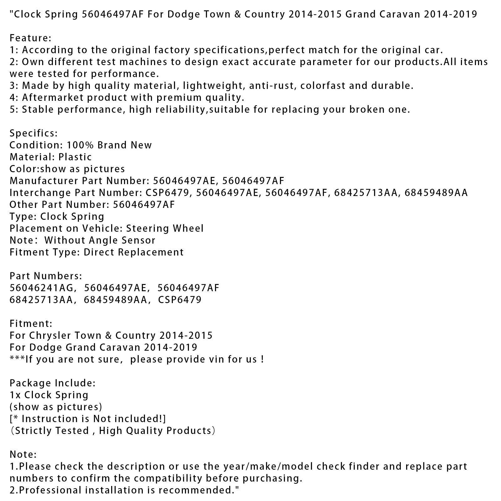 Clock Spring 56046497AF For Dodge Town & Country 2014-2015 Grand Caravan 14-2019