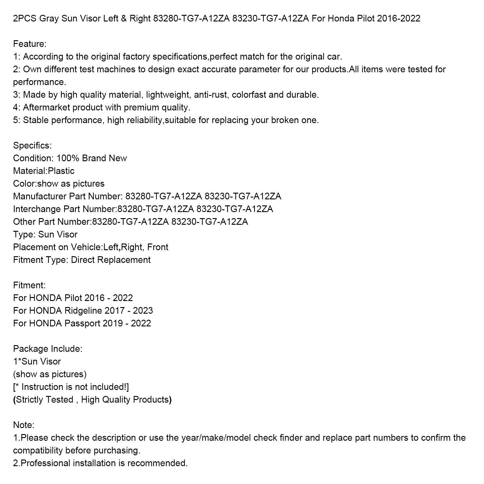 2016-2022 Honda Pilot 2PCS Gray Sun Visor Left & Right 83280-TG7-A12ZA 83230-TG7-A12ZA