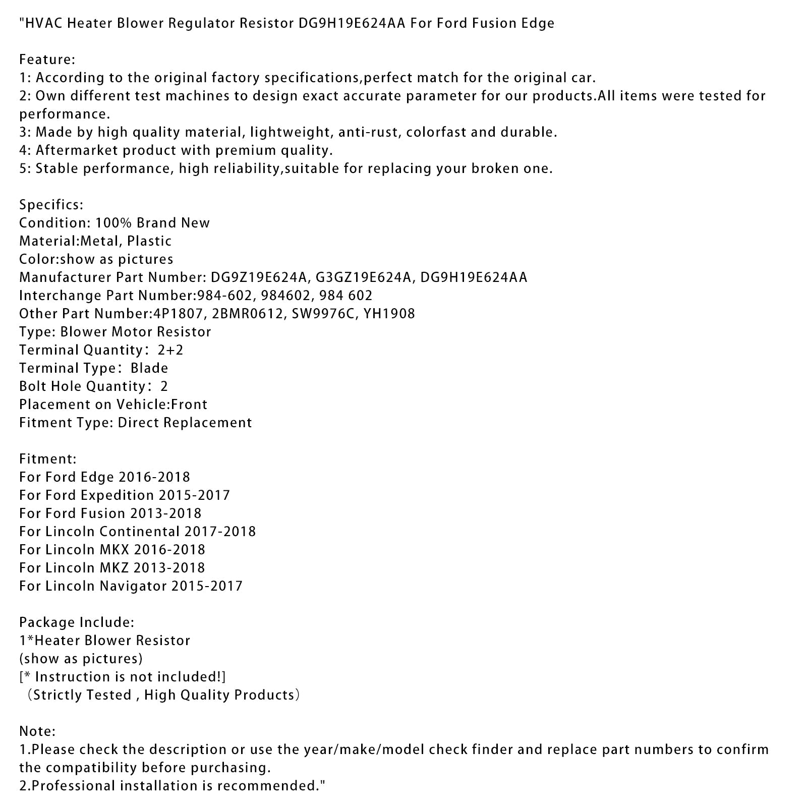 HVAC Heater Blower Regulator Resistor DG9H19E624AA For Ford Fusion Edge