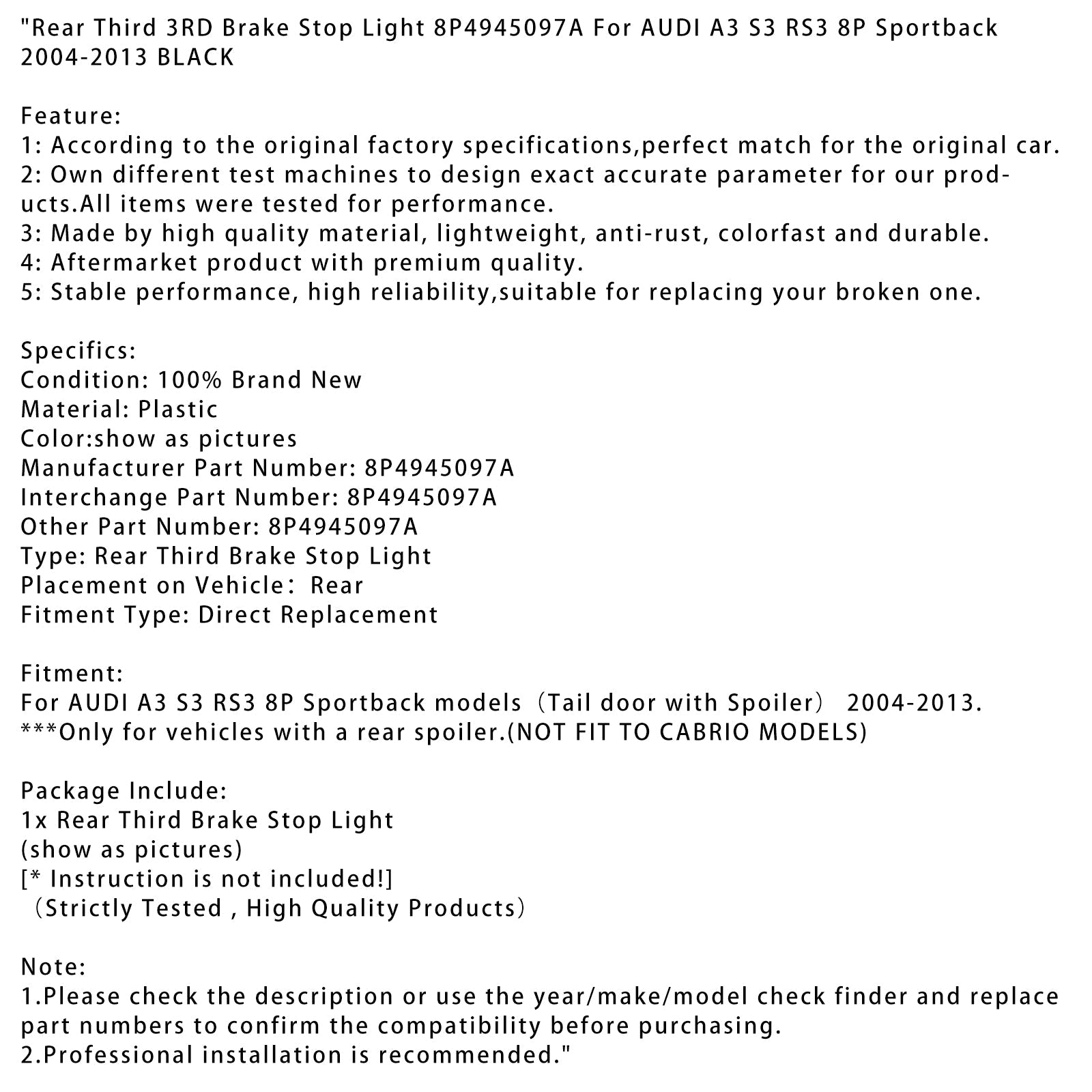 Rear Third 3RD Brake Stop Light For AUDI A3 S3 RS3 8P Sportback 2004-2013 BLK