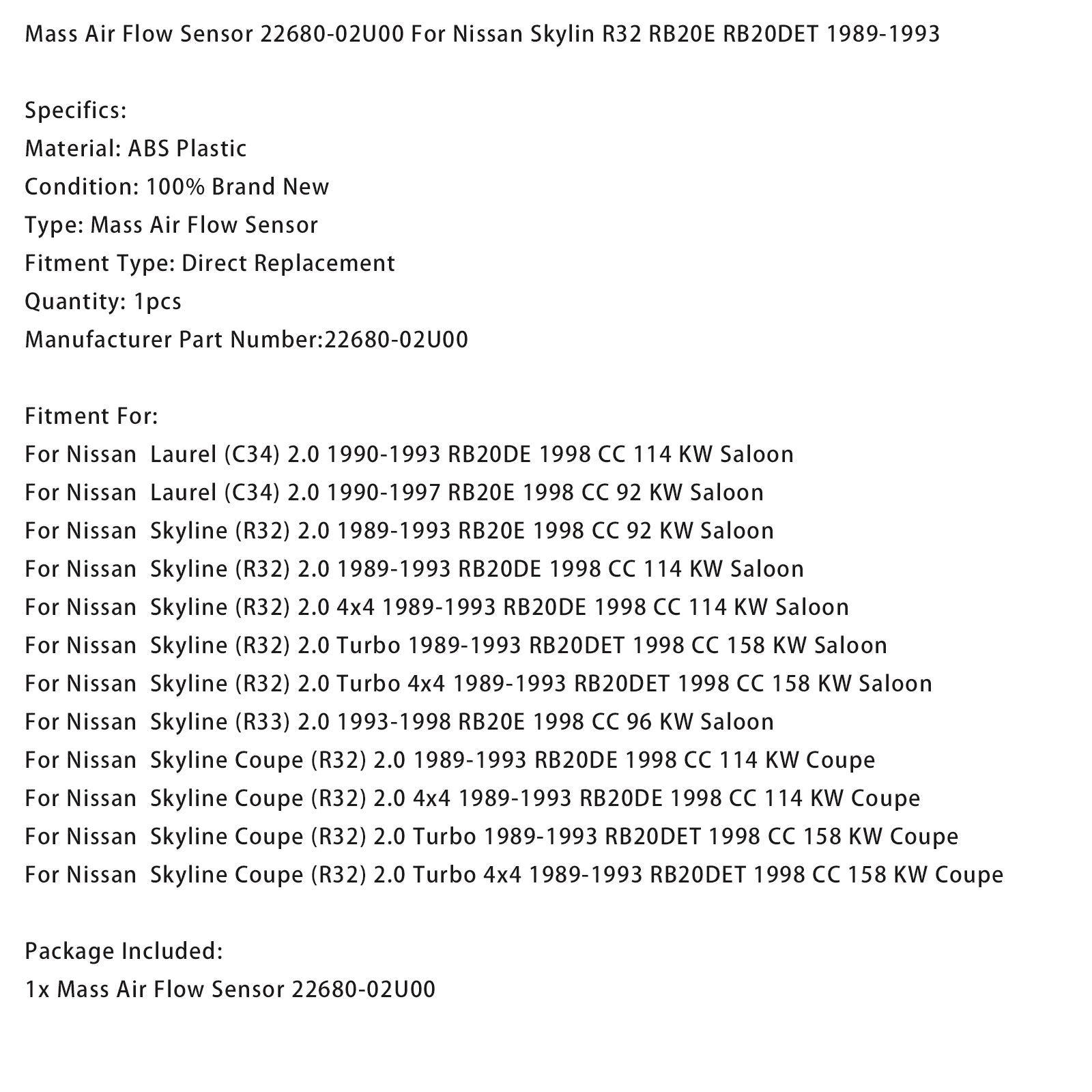 Mass Air Flow Sensor 22680-02U00 For Nissan Skylin R32 RB20E RB20DET 1989-1993