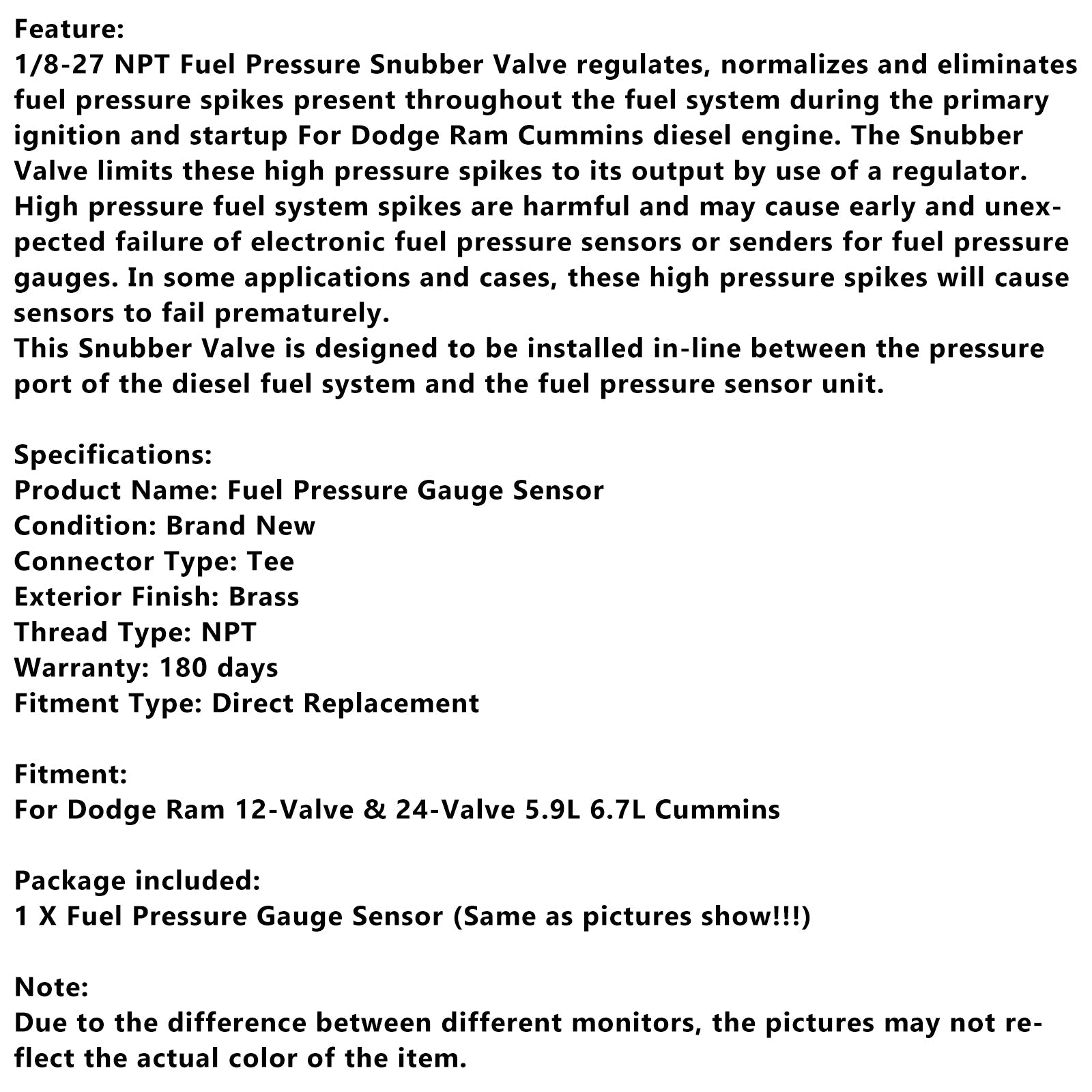 1/8-27 NPT Fuel Pressure Snubber Valve Sensor Adapter for Ram 2500 3500 Diesel
