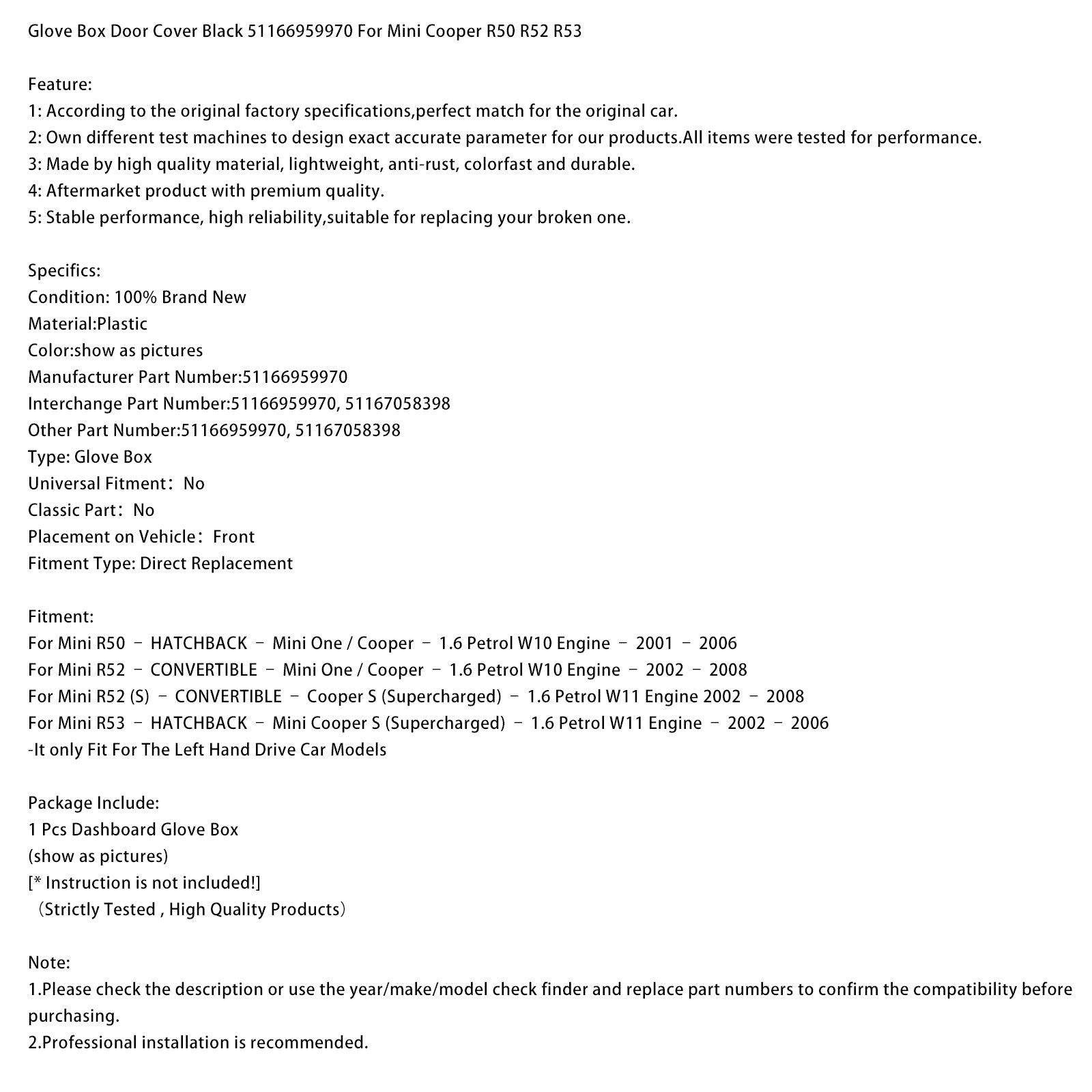 2001?C2006 Mini R50 ?C HATCHBACK ?C Mini One / Cooper ?C 1.6 Petrol W10 Engine ?C Glove Box Door Cover Black 51166959970