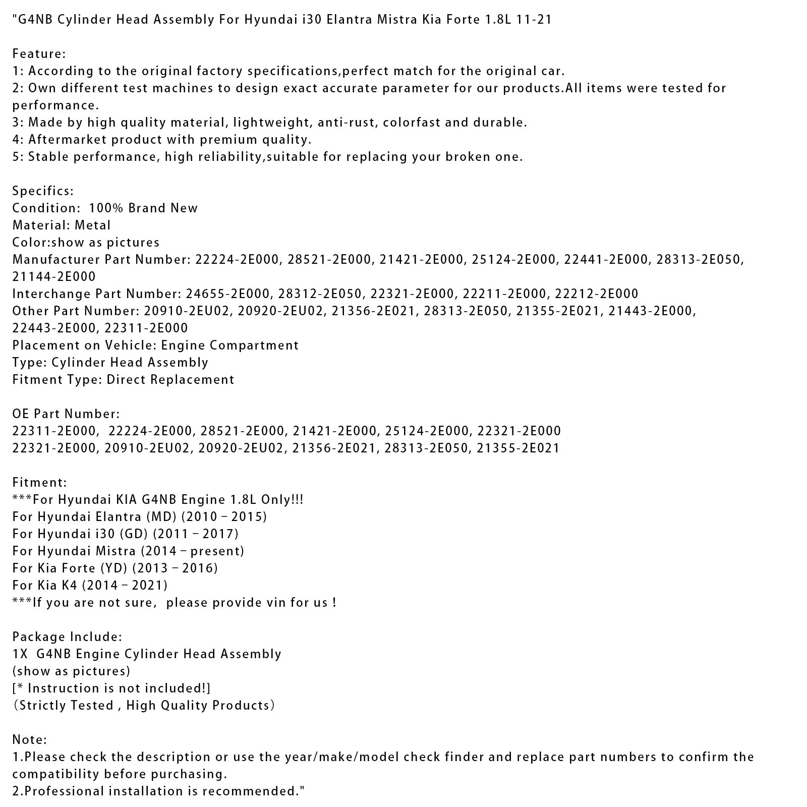 2010-2015 Hyundai Elantra (MD) G4NB Cylinder Head Assembly 22311-2E000 22321-2E000