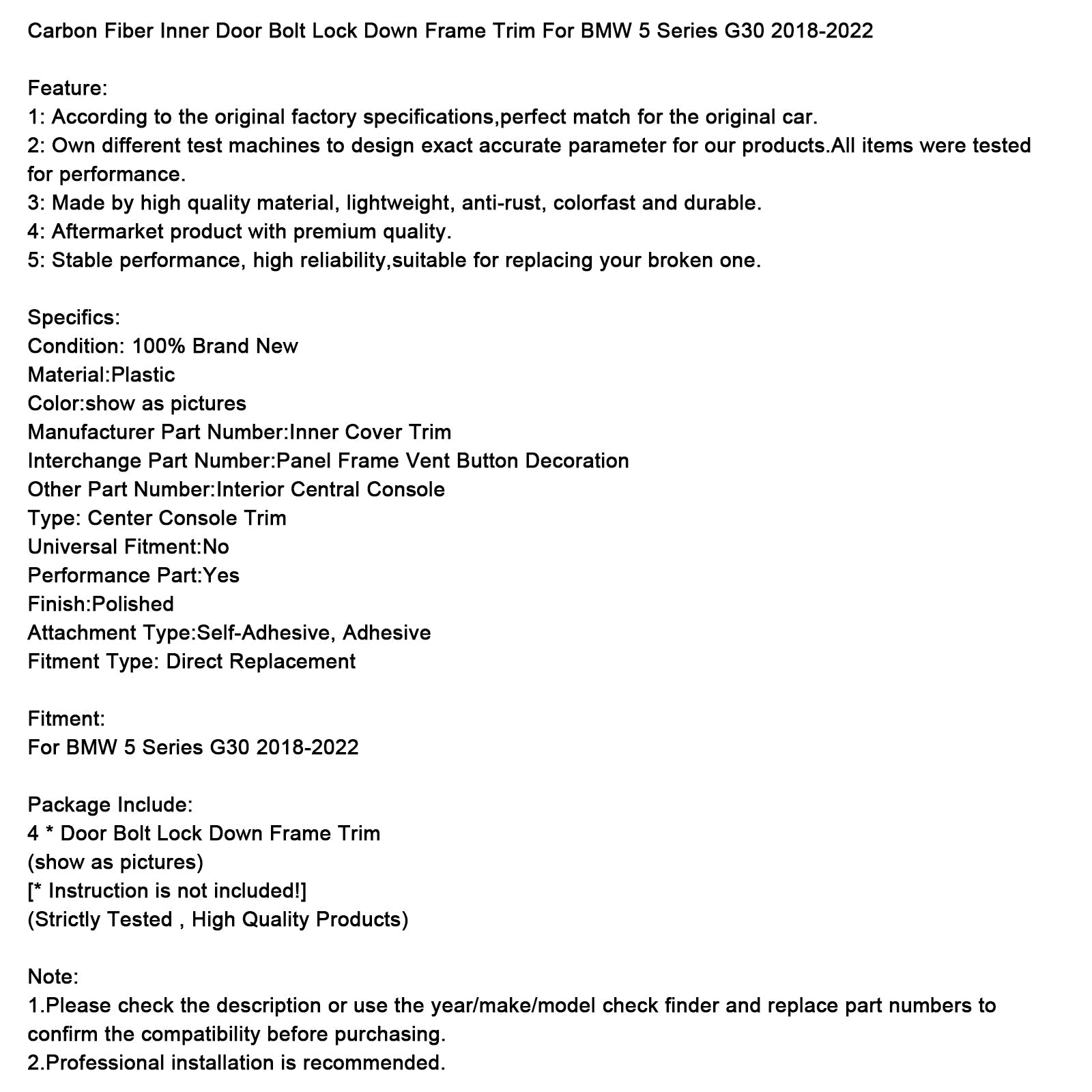 2018-2022 BMW 5 Series G30 Carbon Fiber Inner Door Bolt Lock Down Frame Trim