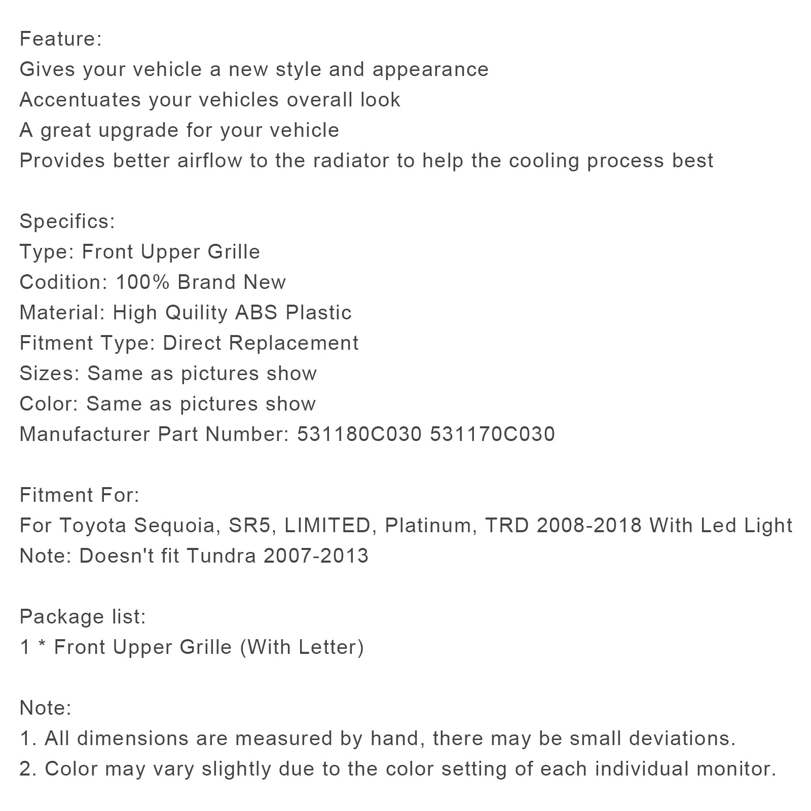 2008-2018 Toyota Sequoia With Led Matte Black Front Bumper Grill Grille