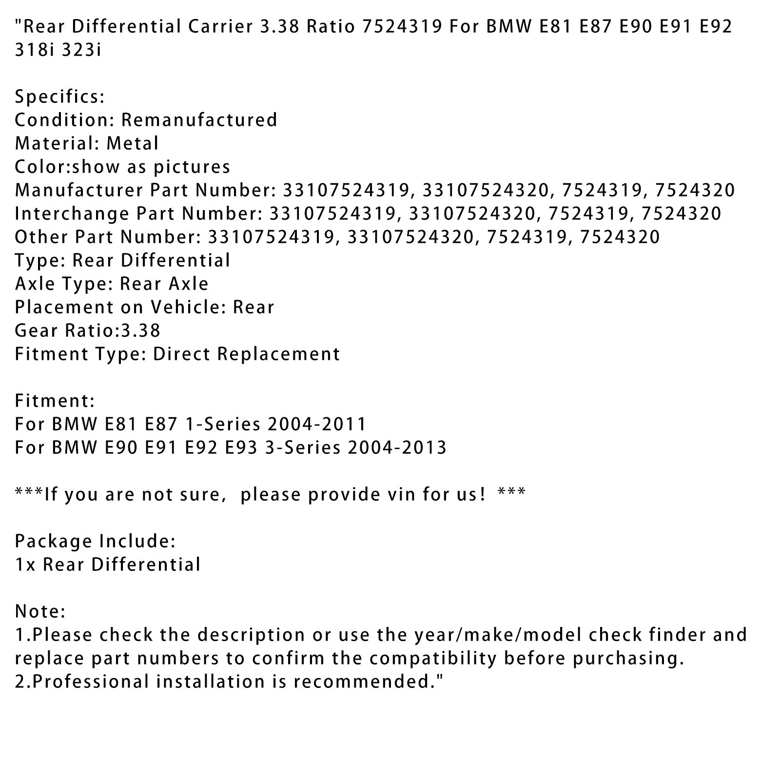 2004-2011 BMW E81 E87 1-Series Rear Differential Carrier 3.38 Ratio 33107524319 33107524320