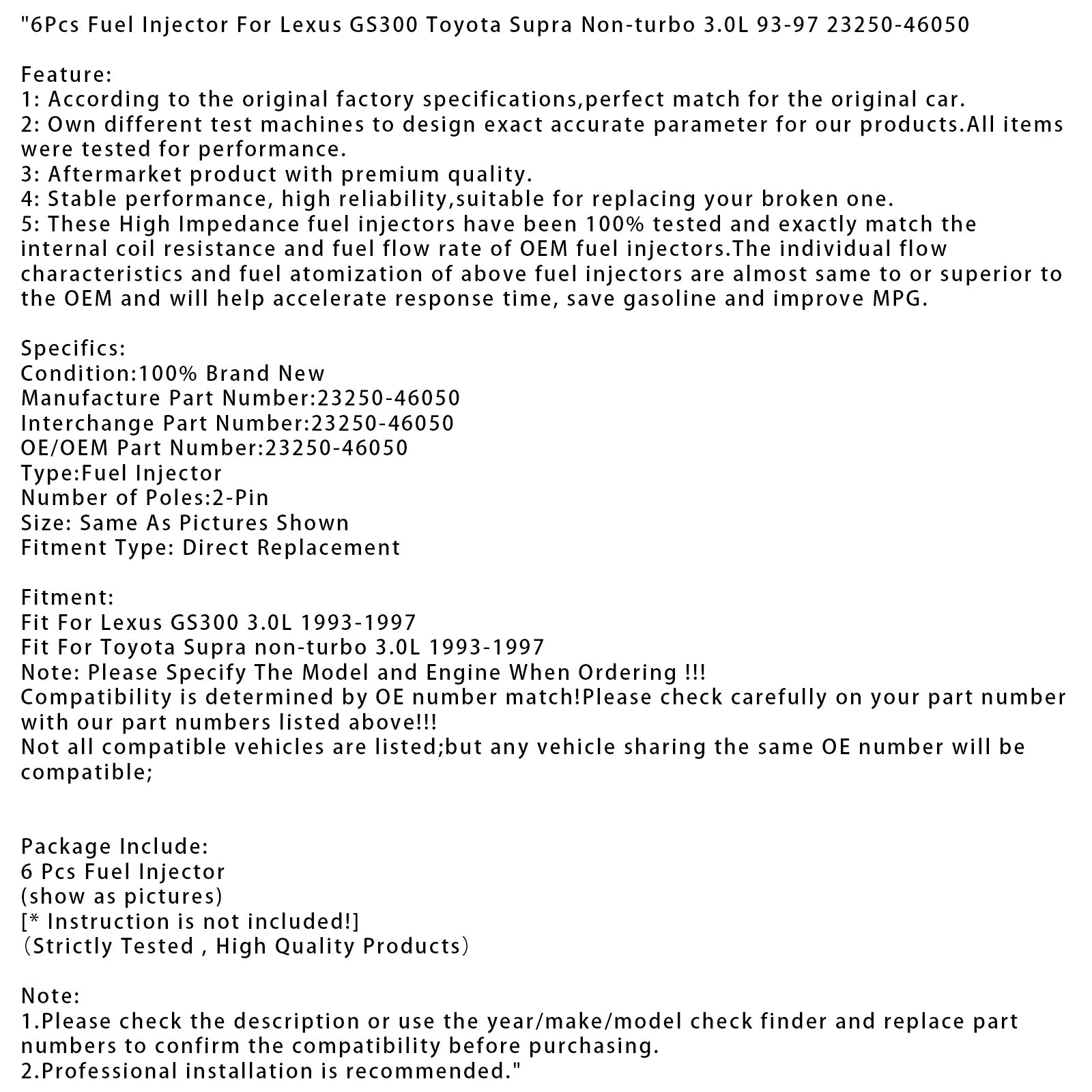 6Pcs Fuel Injector For Lexus GS300 Toyota Supra Non-turbo 3.0L 93-97 23250-46050