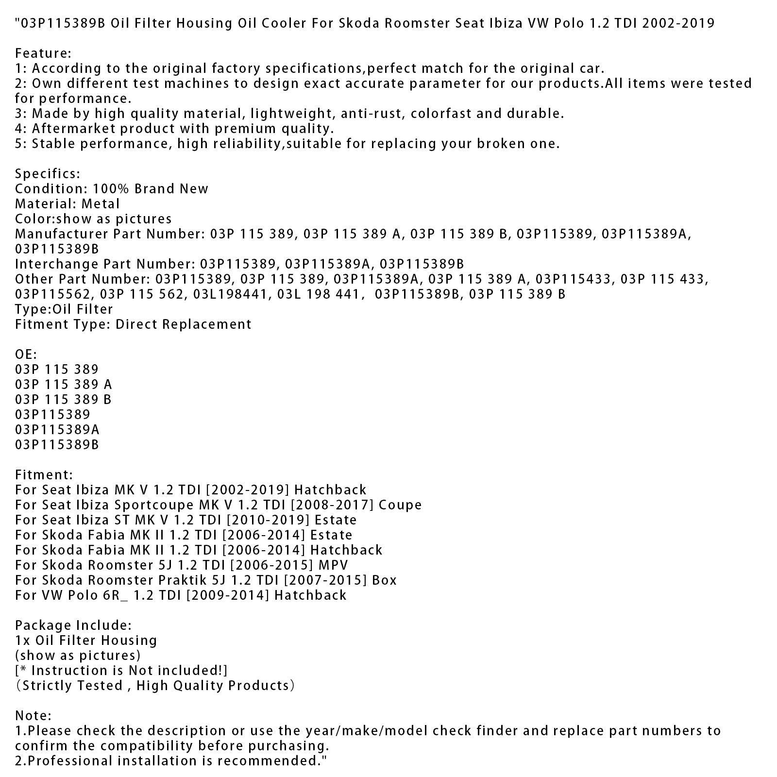 Oil Filter Housing Oil Cooler For Skoda Roomster Seat Ibiza VW Polo 1.2 TDI