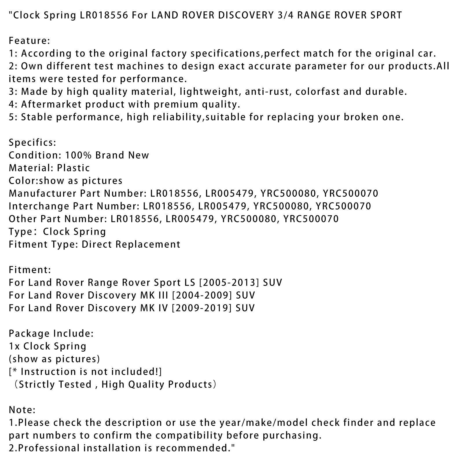 Clock Spring LR018556 For LAND ROVER DISCOVERY 3/4 RANGE ROVER SPORT