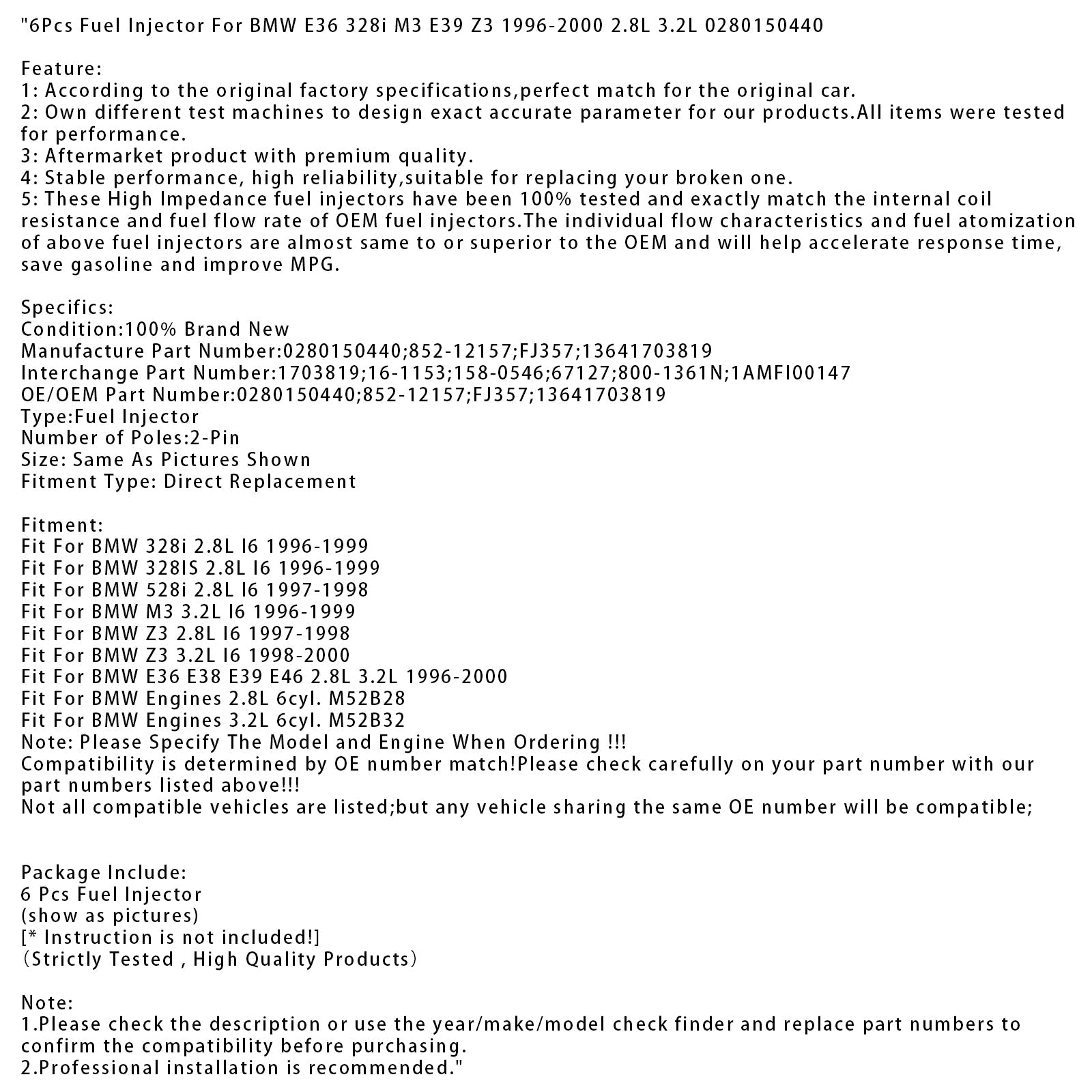 6Pcs Fuel Injector For BMW E36 328i M3 E39 Z3 1996-2000 2.8L 3.2L 0280150440