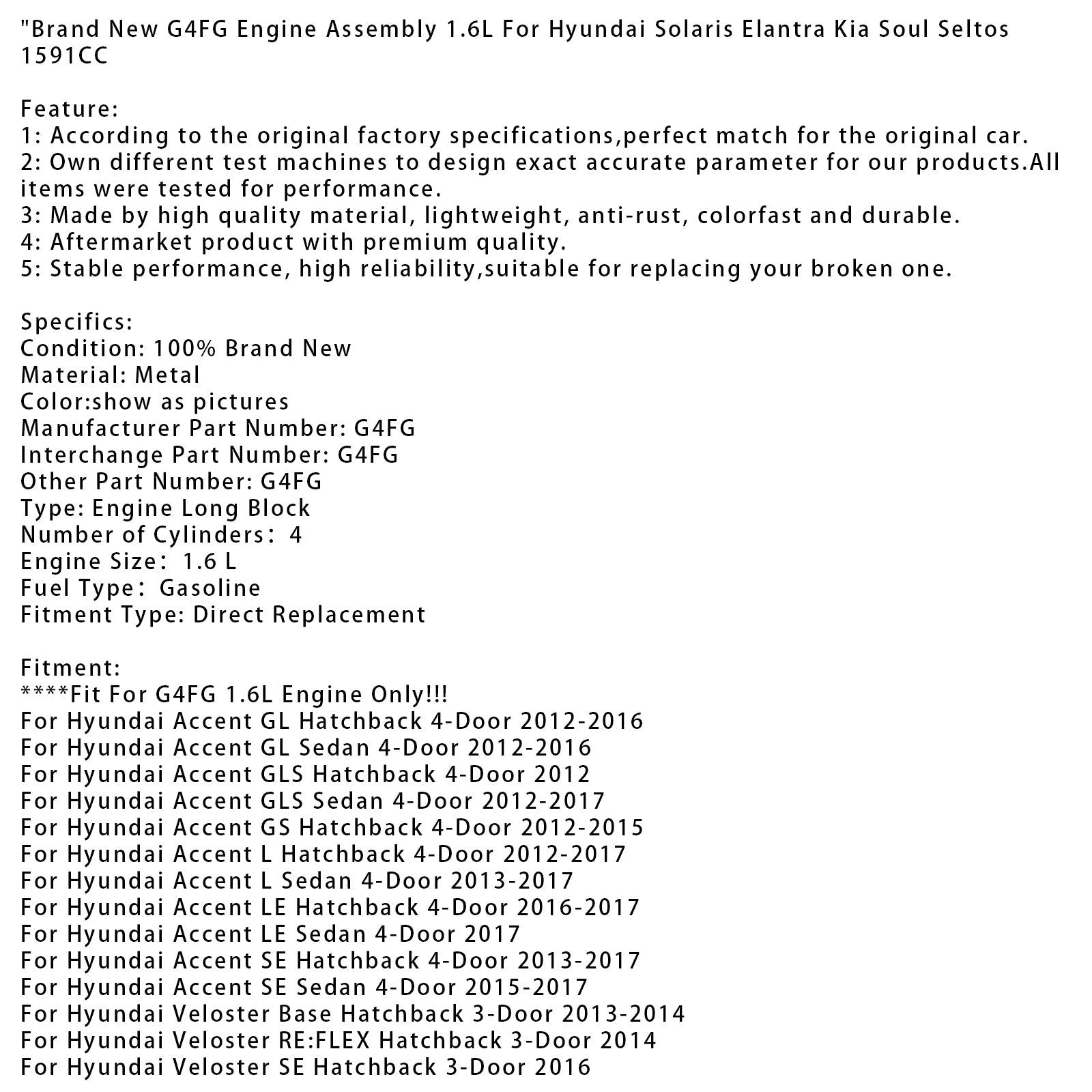 Brand New G4FG Engine Assembly 1.6L For Hyundai Solaris Elantra Kia Soul Seltos