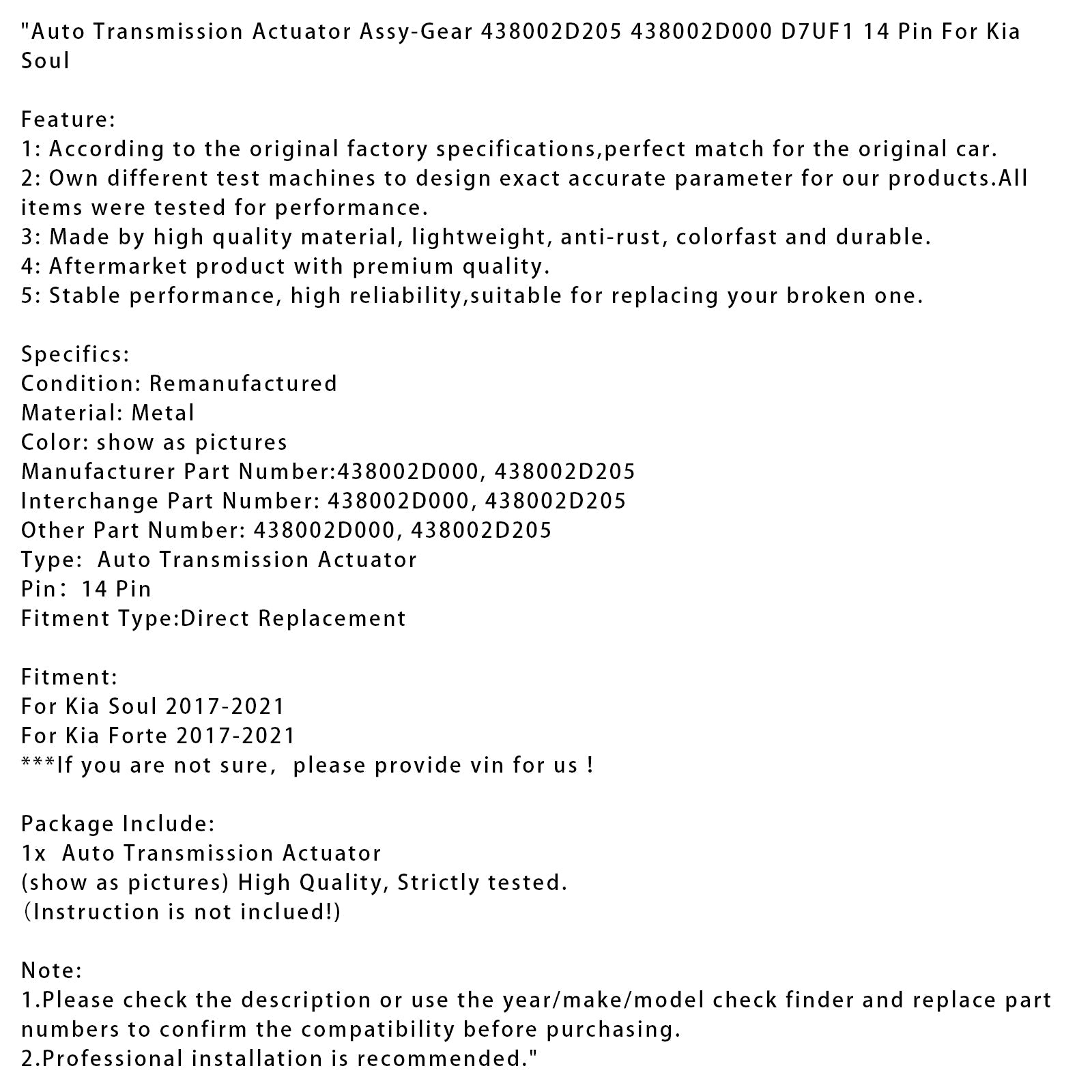 2017-2021 Kia Soul Auto Transmission Actuator Assy-Gear D7UF1 14 Pin 438002D205 438002D000