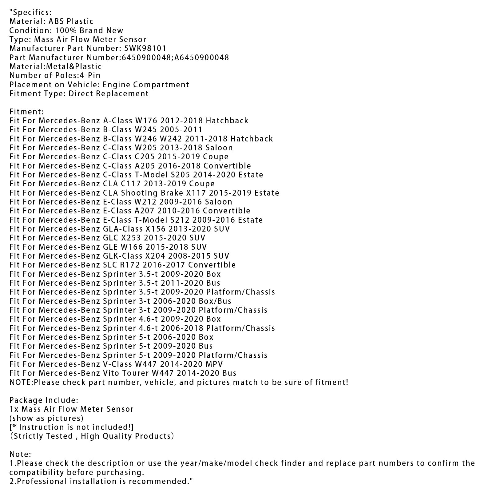 Mass Air Flow Meter Sensor For Mercedes-Benz W205 W176 GLC X253 5WK98101