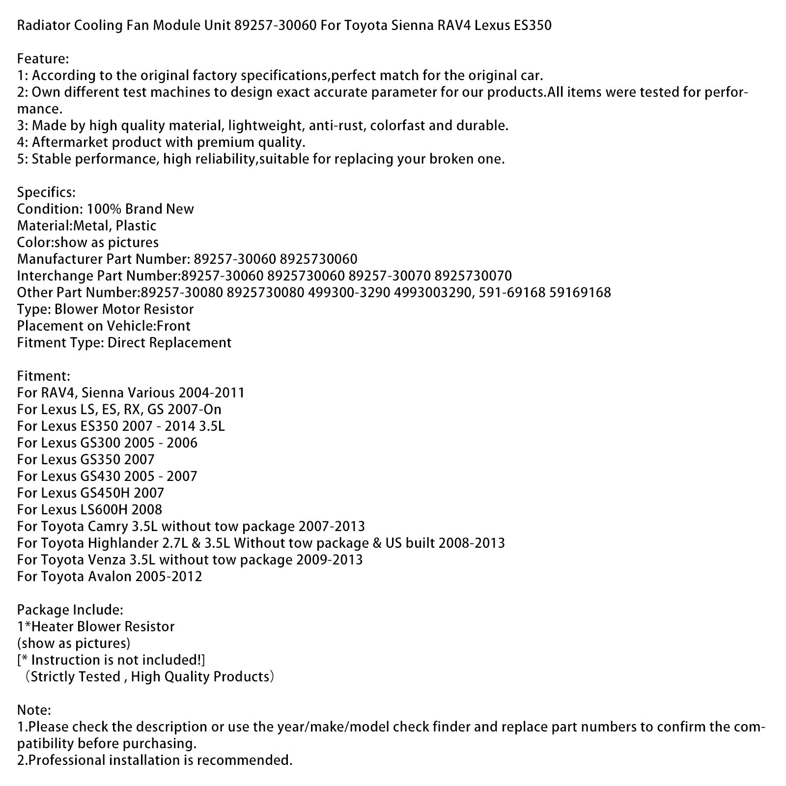 Radiator Cooling Fan Module Unit 89257-30060 For Toyota Sienna RAV4 Lexus ES350