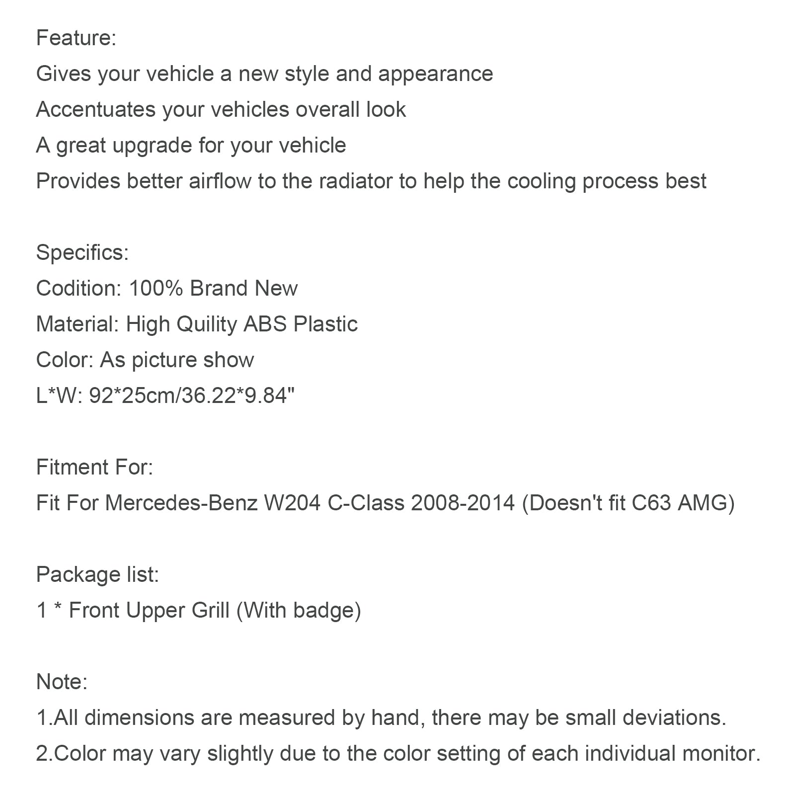 GTR Style Front Bumper Grille Grill Fit Benz C-Class W204 C300 C350 2008-2014