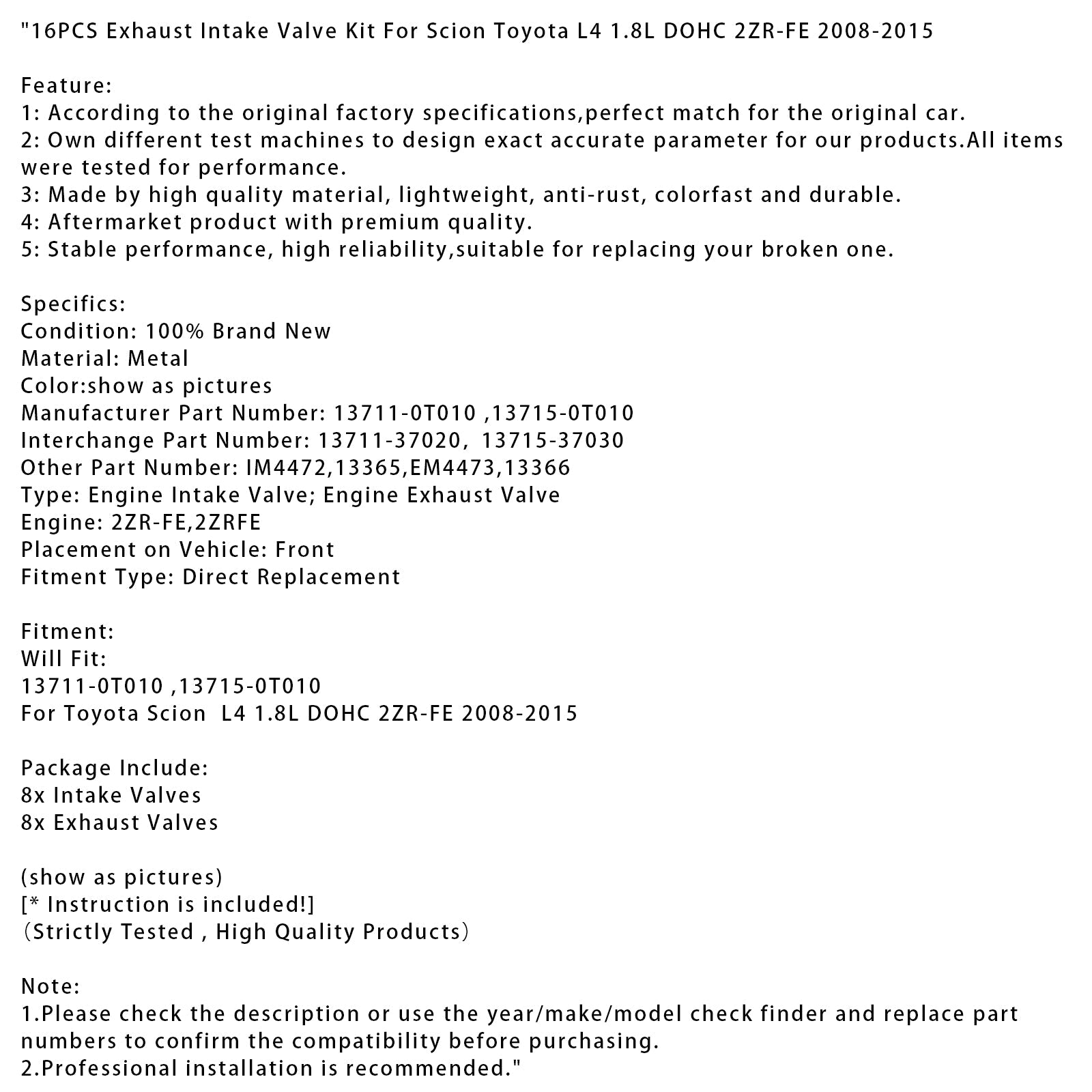 2008-2015 Toyota Scion L4 1.8L DOHC 2ZR-FE 16PCS Exhaust Intake Valve Kit