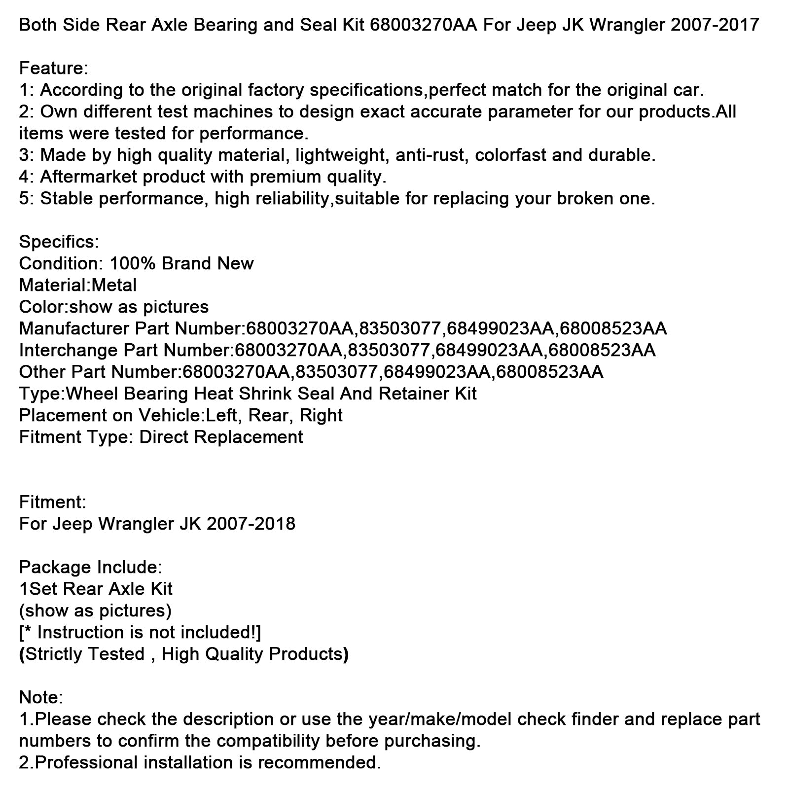 2007-2017 Jeep JK Wrangler Both Side Rear Axle Bearing Seal Kit 68003270AA