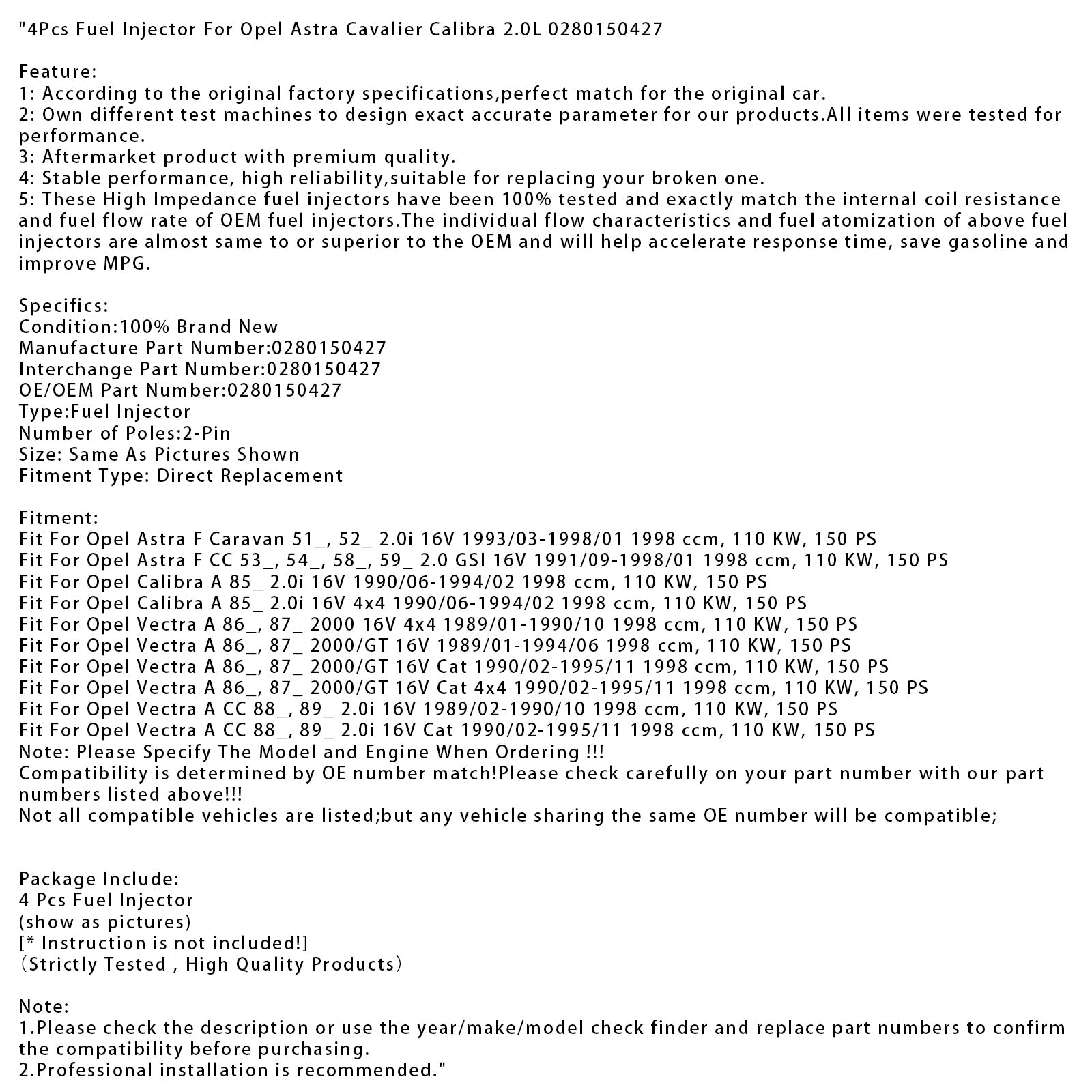 4Pcs Fuel Injector For Opel Astra Cavalier Calibra 2.0L 0280150427