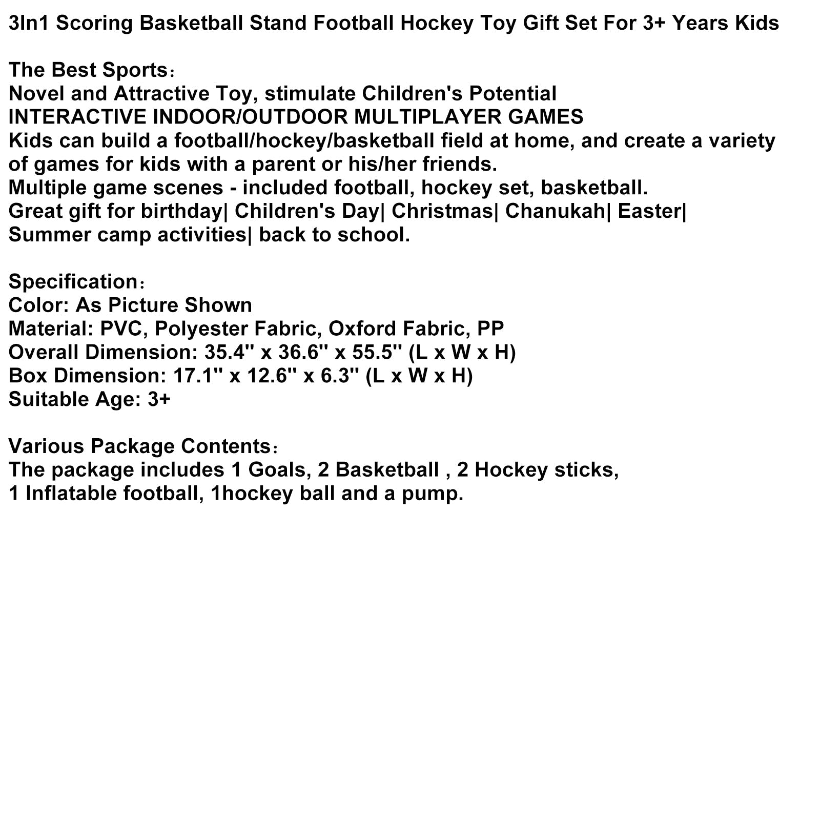 3In1 Scoring Basketball Stand Football Hockey Toy Gift Set For 3+ Years Kids