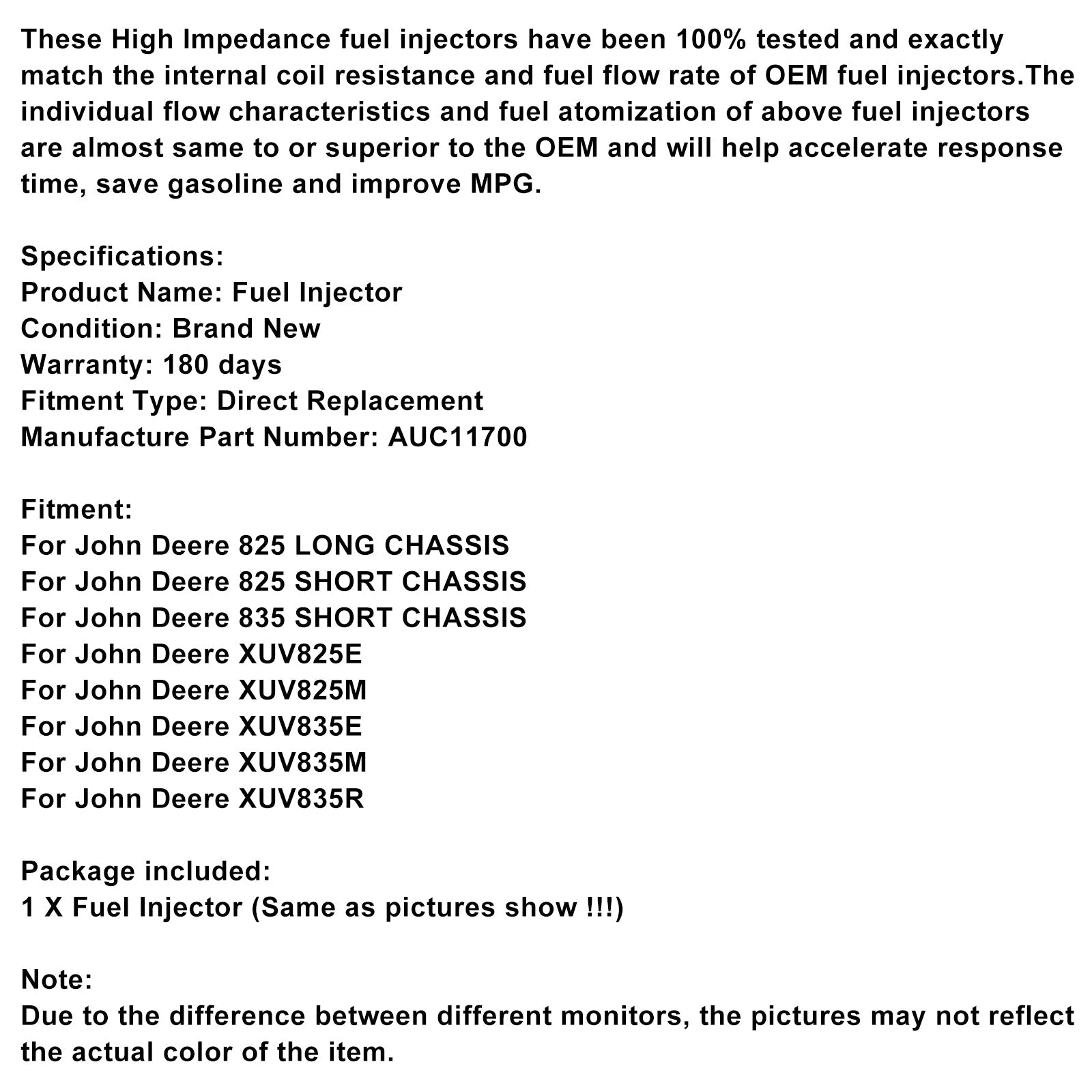1PCS Fuel Injector AUC11700 Fit John Deere Gator XUV835M XUV835E XUV825E