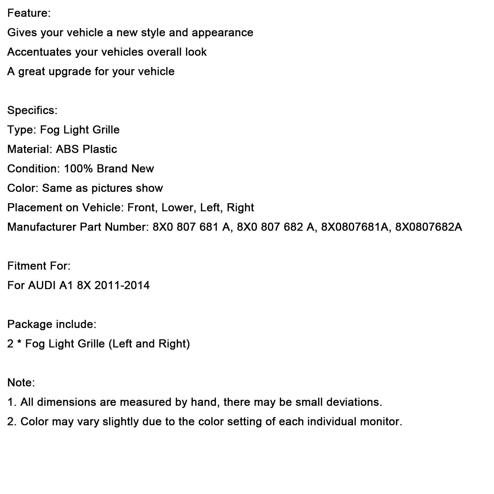 2011-2014 Audi A1 8X 2PCS Fog Light Grille Front Bumper Grill Cover