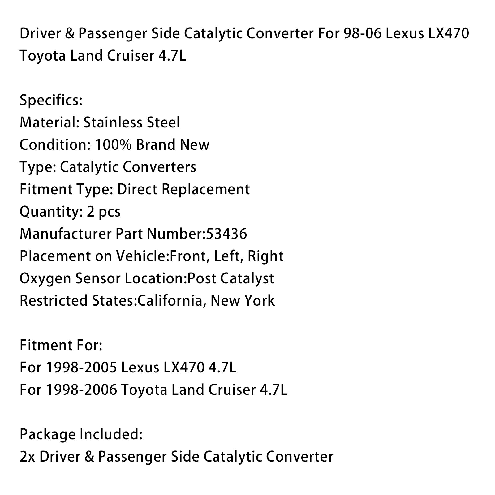 Driver & Passenger Side Catalytic Converter For 98-06 Lexus LX470 Toyota Land Cruiser 4.7L