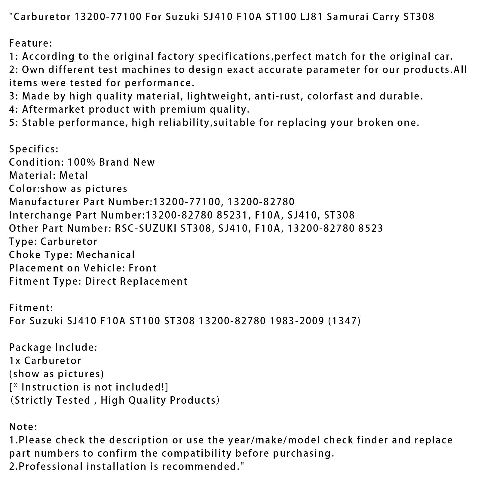 1983-2009 Suzuki SJ410 F10A Carburetor ST100 ST308 13200-82780 13200-77100 (1347)