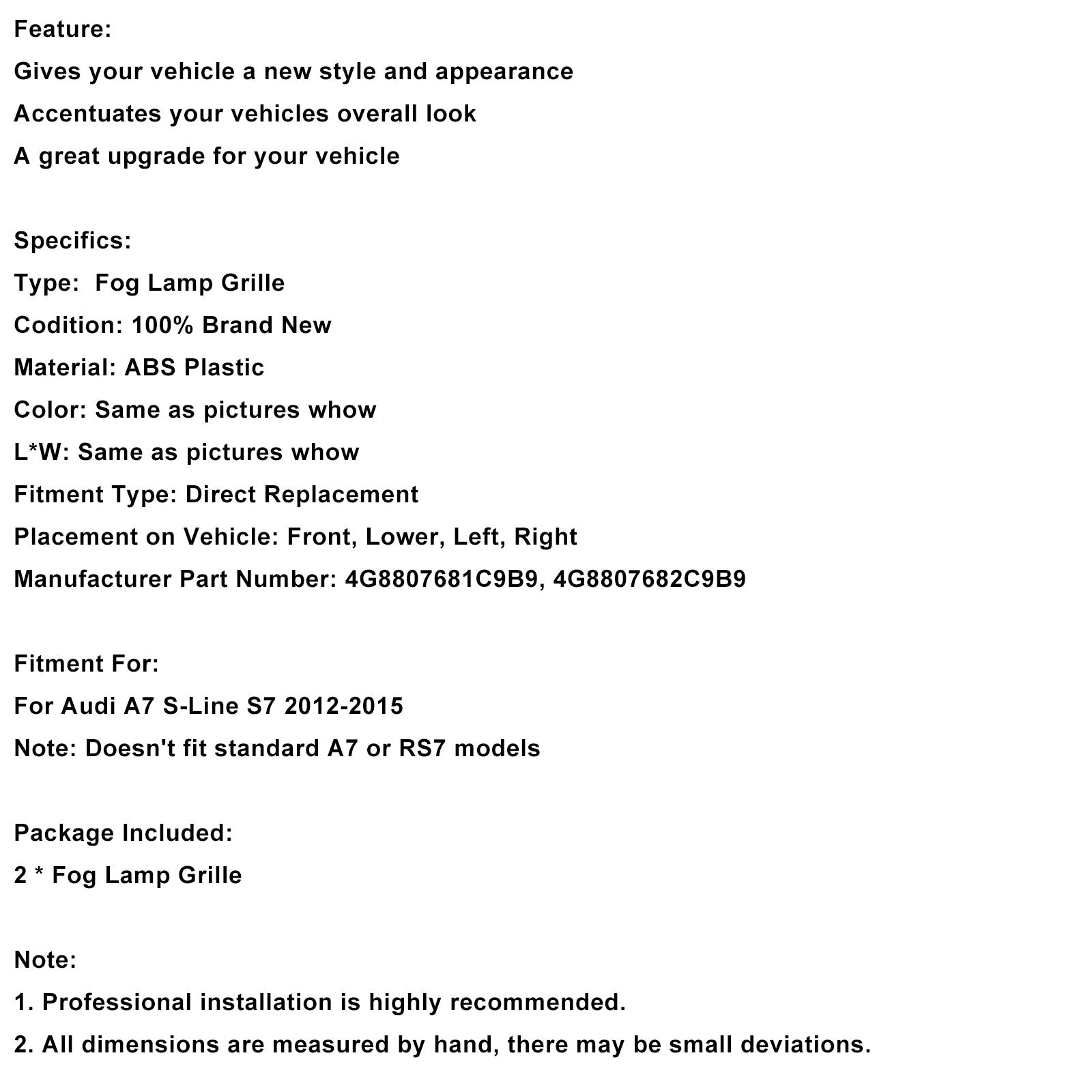 2012-2015 Audi A7 S-Line S7 Black Front Bumper Fog Light Grille Cover Bezel