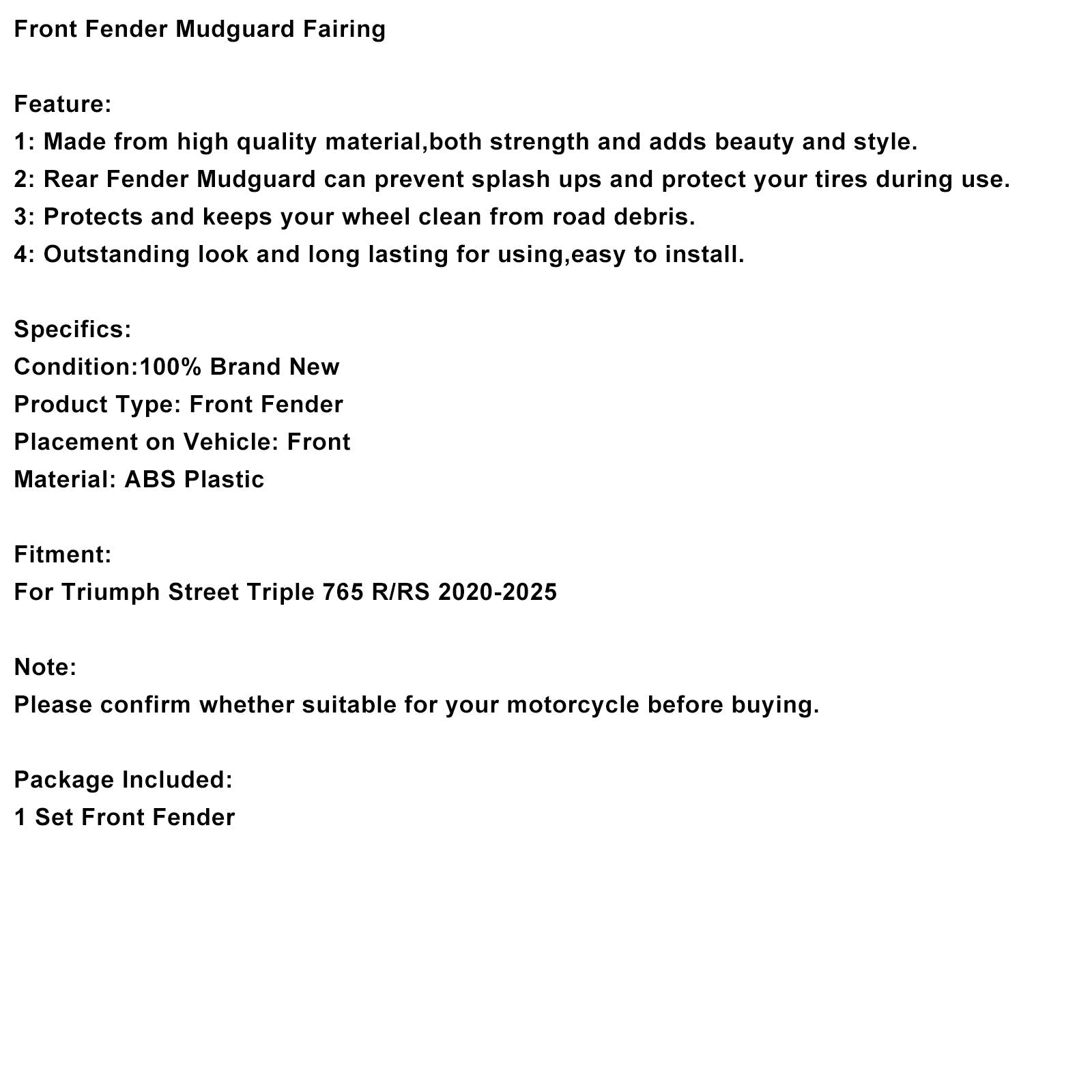 2020-2025 Street Triple 765 R RS Front Fender Mudguard Fairing Gloss Black