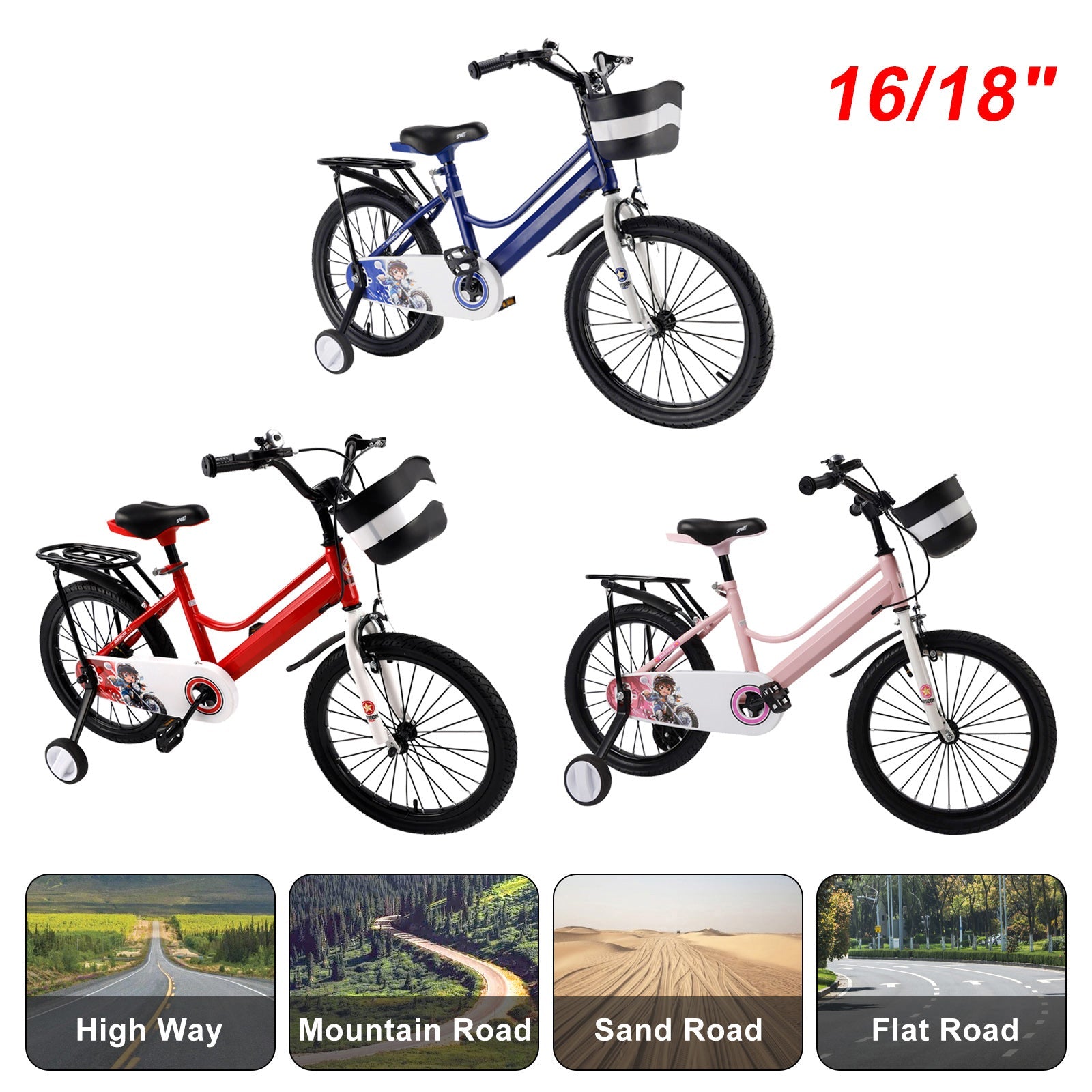 16"/18" Kids Bike for Boys and Girls with auxiliary wheels & Rack & Basket