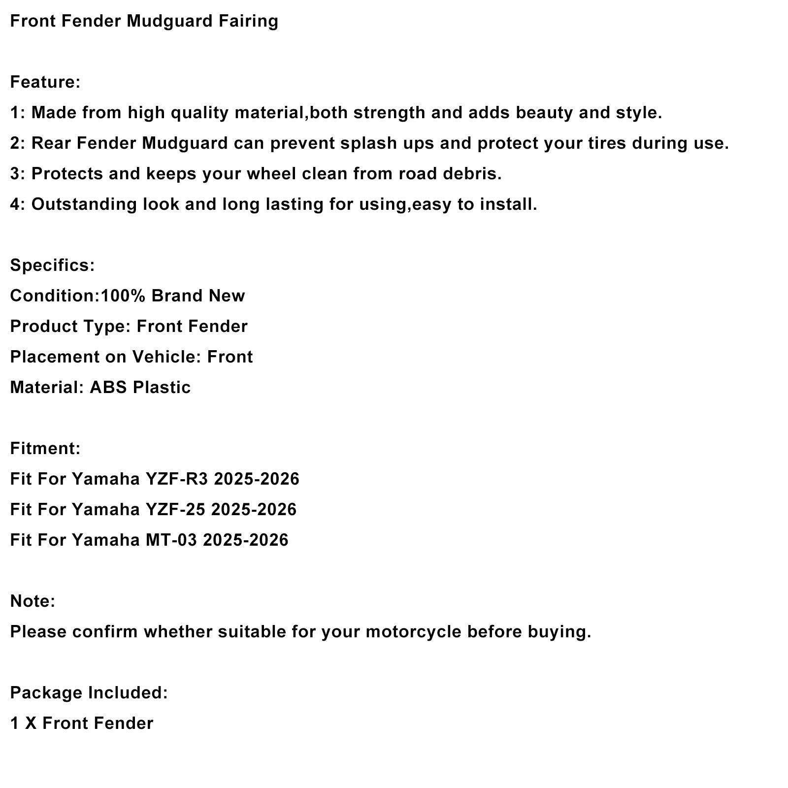 2025-2026 Yamaha YZF-R3 YZF R25 MT-03 Front Fender Mudguard Fairing