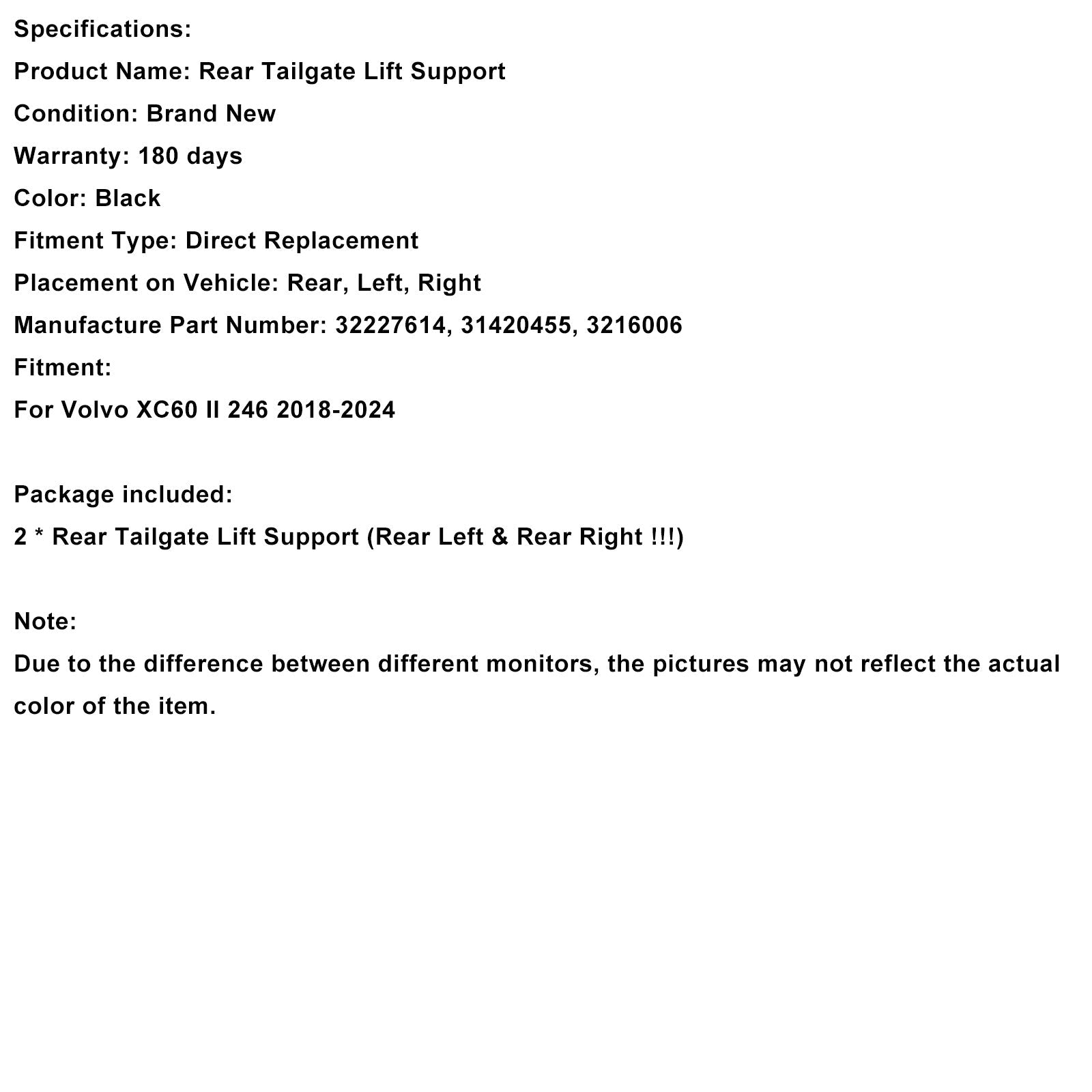 2018-2024 Volvo XC60 II 246 2PCS Rear Electric Tailgate Gas Strut 31420455