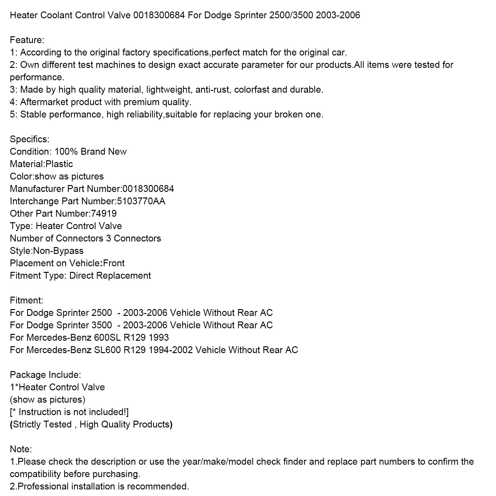 Heater Coolant Control Valve 0018300684 For Dodge Sprinter 2500/3500 2003-2006