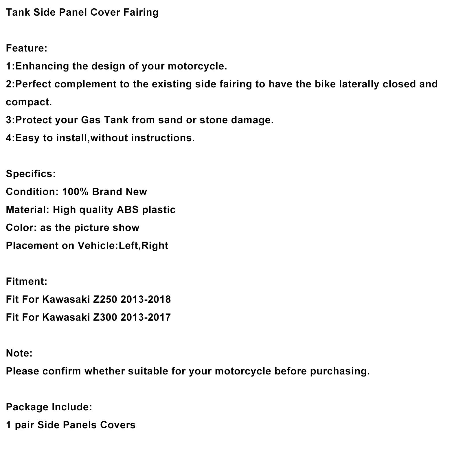 Fuel Tank Side Panel Cover Fairings For Kawasaki Z250 Z300 2013-2018