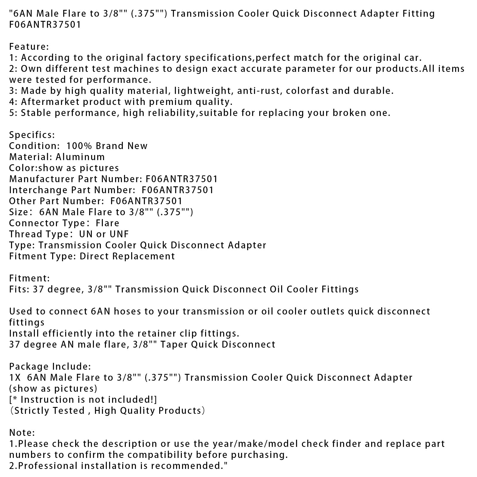 6AN Male Flare to 3/8" (.375") Transmission Cooler Quick Disconnect Adapter