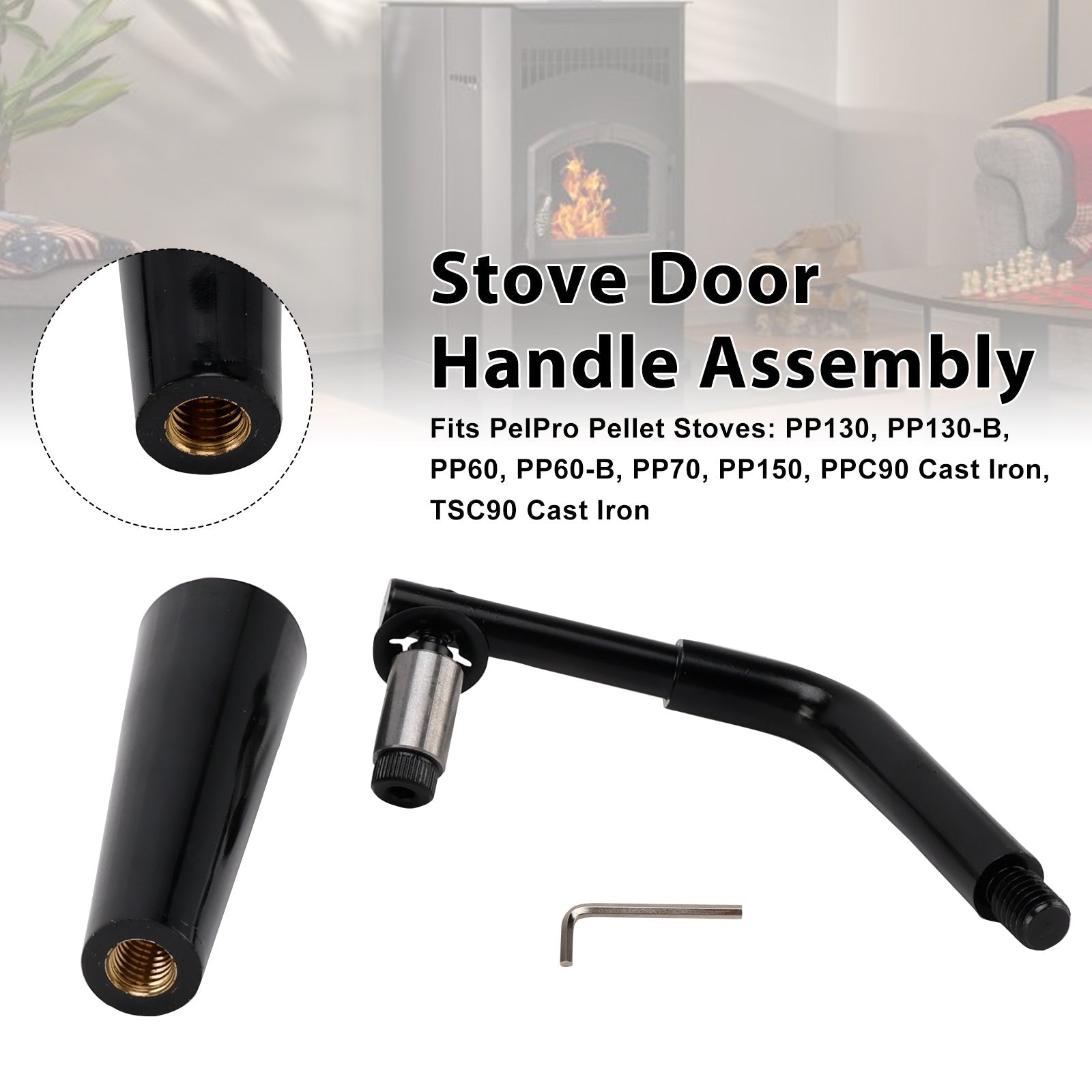 Quadra-Fire Stoves Outfitter-I/II Threaded Door Handle Assembly for PelPro Stoves PP60 PP70 PP130 PP150 PPC90 TSC90 Pleasant Hearth Stoves PH35PS PH50CABPS PH50PS # SRV7093-024D