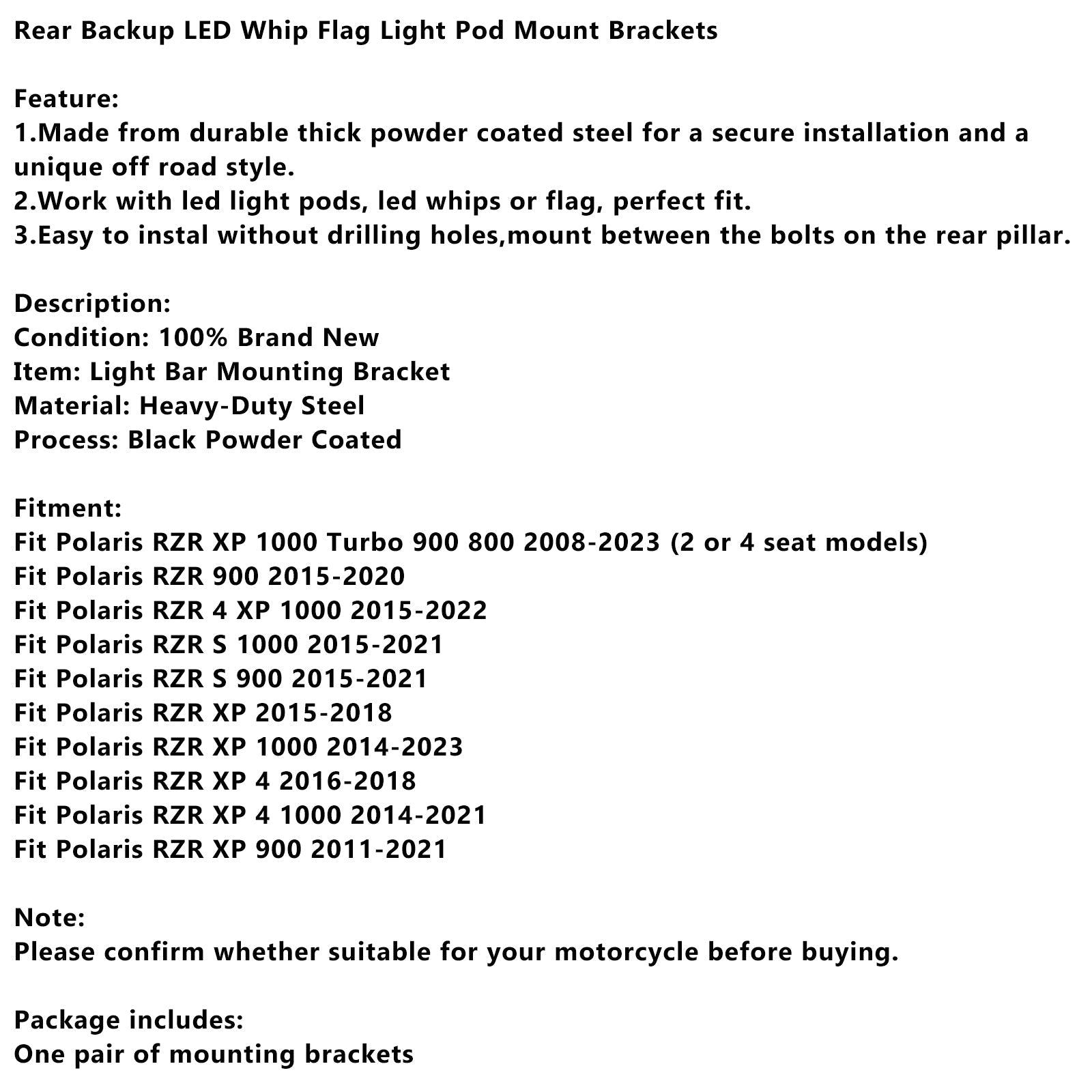 Rear Backup LED Whip Flag Light Pod Mount Brackets For Polaris RZR XP 1000 900