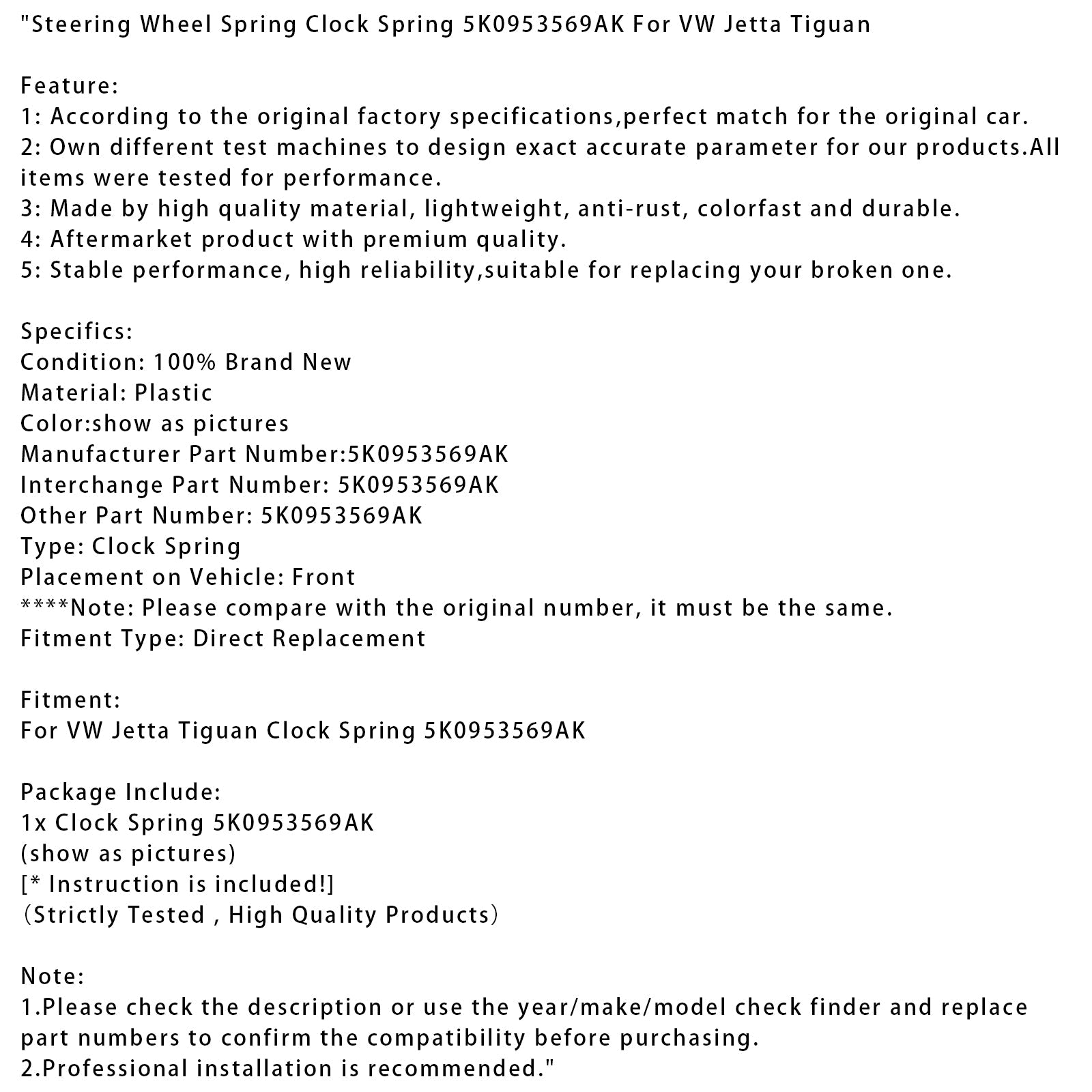 VW Jetta Tiguan Steering Wheel Spring Clock Spring 5K0953569AK