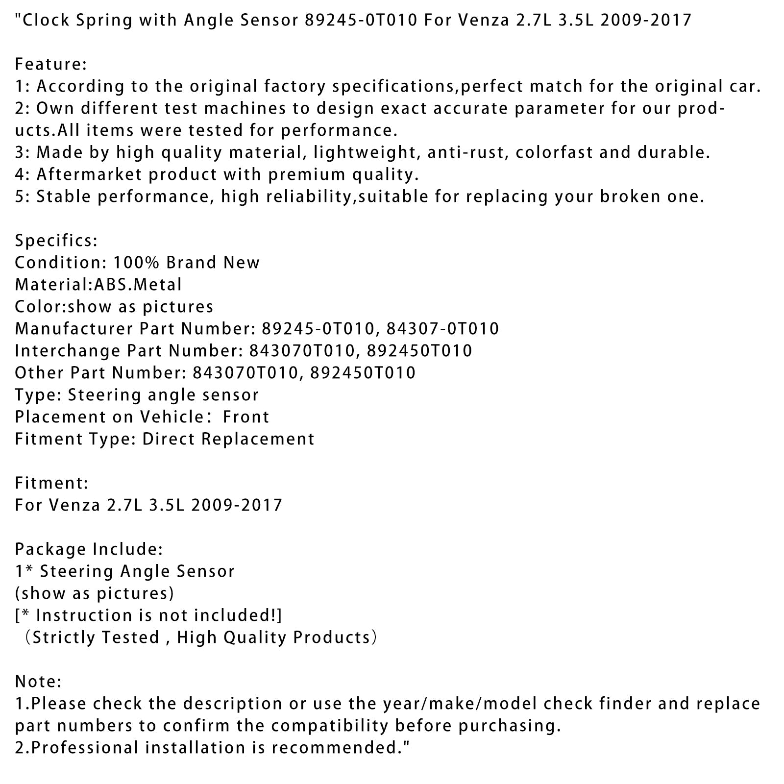 2009-2017 Venza 2.7L 3.5L Clock Spring with Angle Sensor 89245-0T010