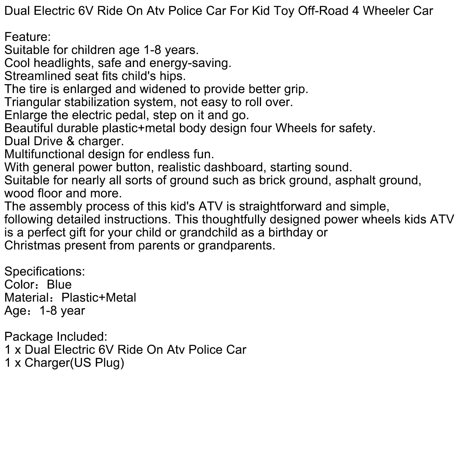 Dual Electric 6V Ride On Atv Police Car For Kid Toy Off-Road 4 Wheeler Car