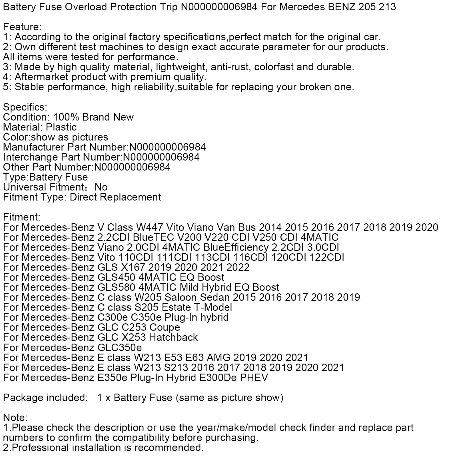 Battery Fuse Overload Protection Trip N000000006984 For Mercedes BENZ 205 213