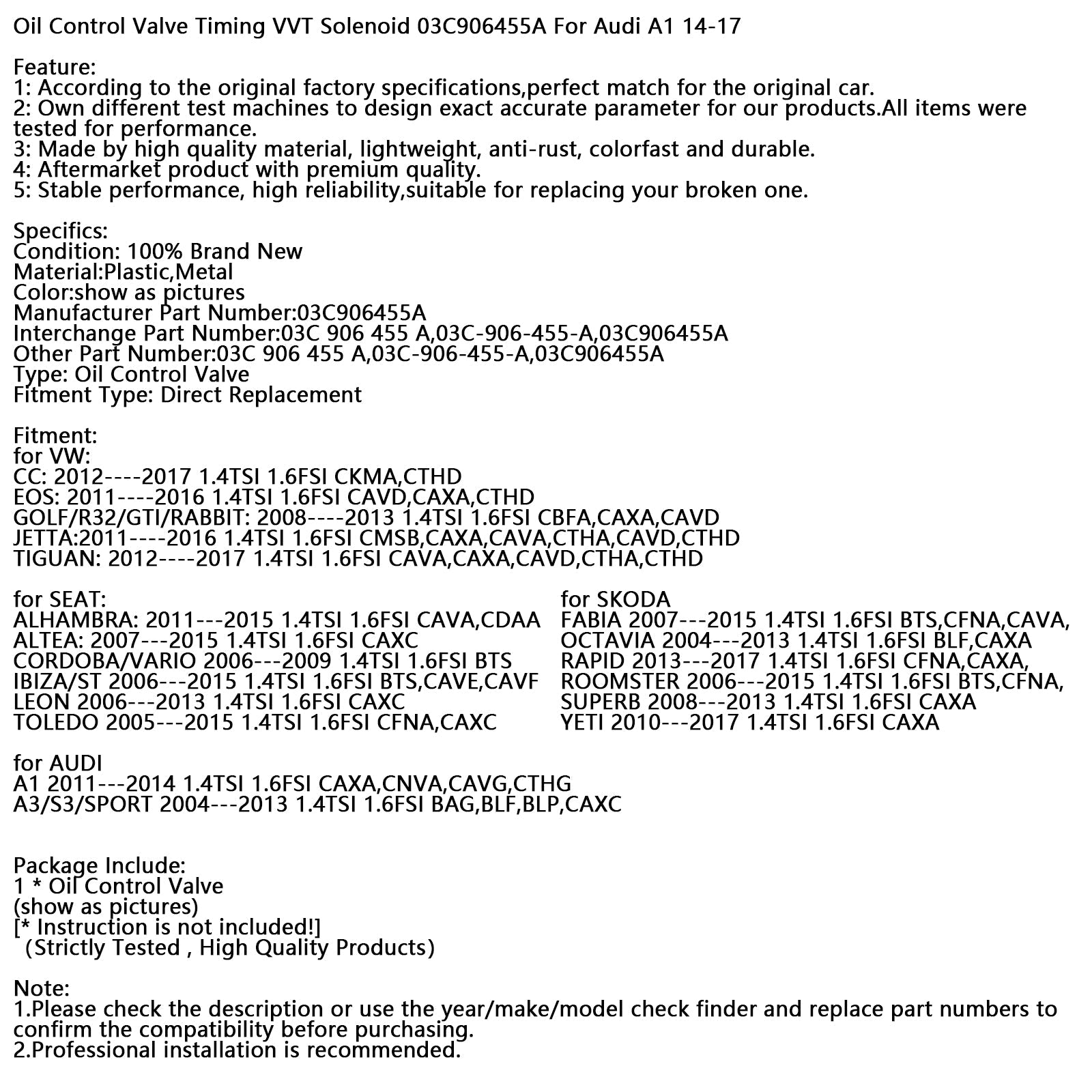 Oil Control Valve Timing VVT Solenoid 03C906455A For Audi A1 14-17
