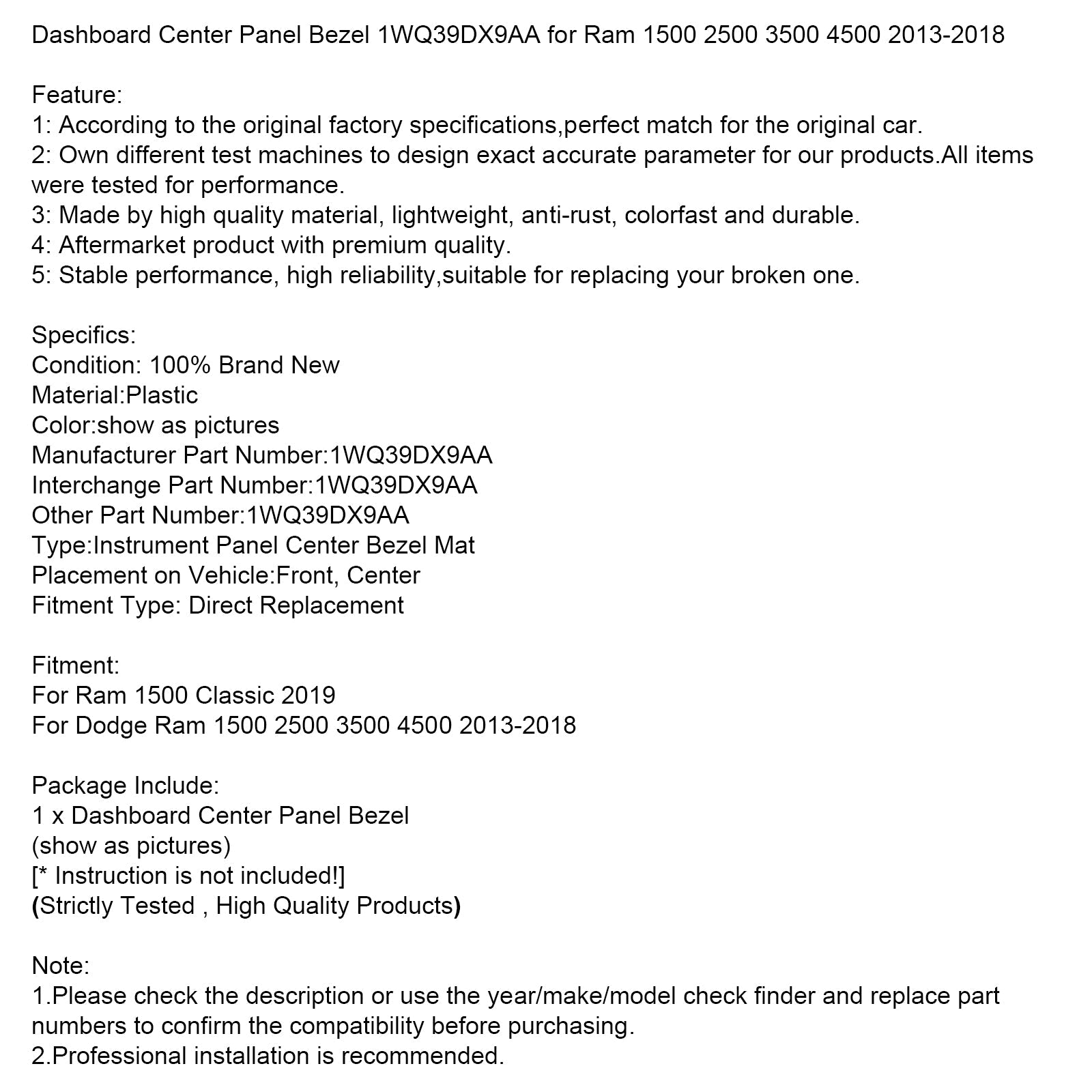 Dashboard Center Panel Bezel 1WQ39DX9AA For Ram 1500 2500 3500 4500 2013-2018